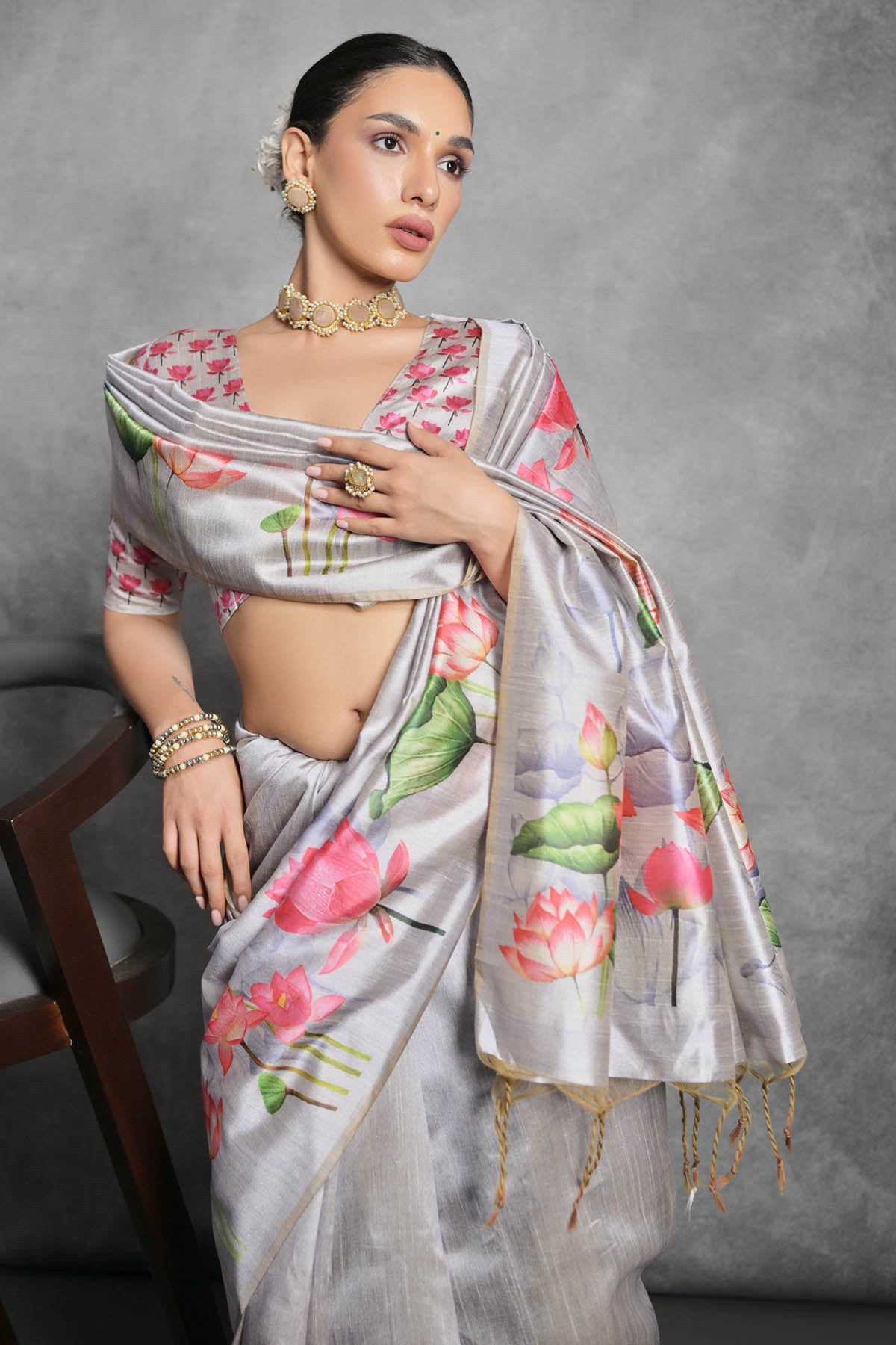 Lotus Print Tussar Silk Saree
