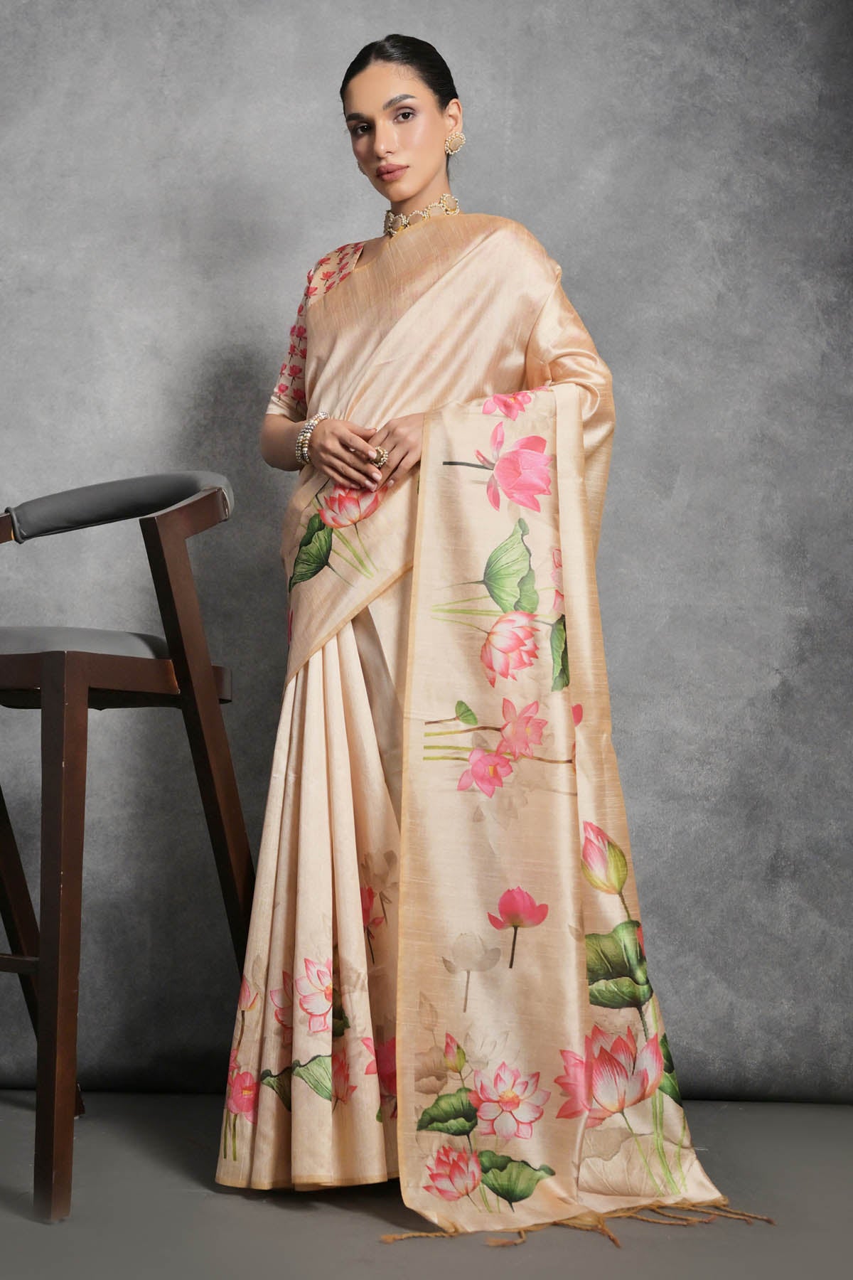 Lotus Print Yellow Saree