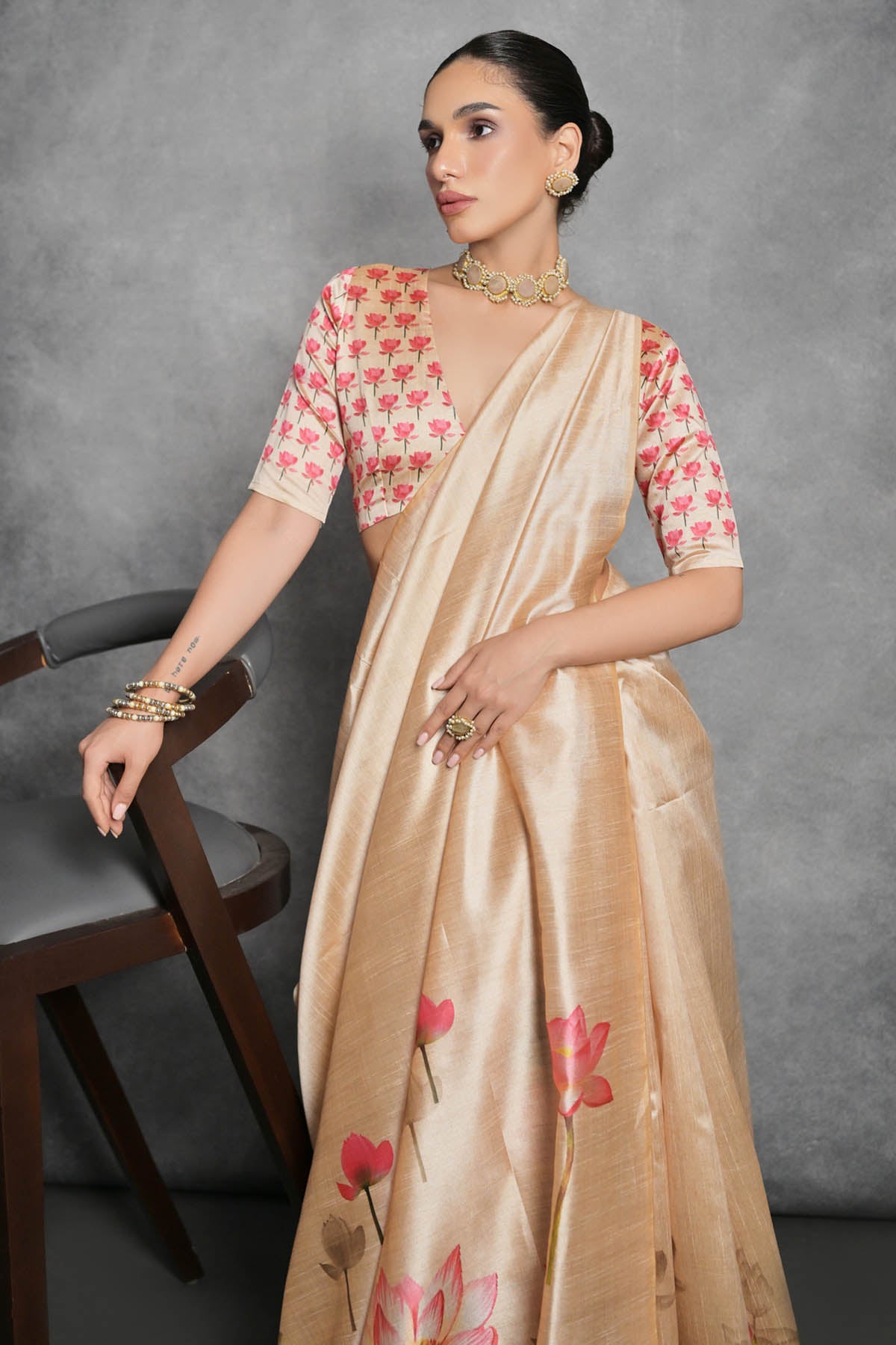 Lotus Print Yellow Saree