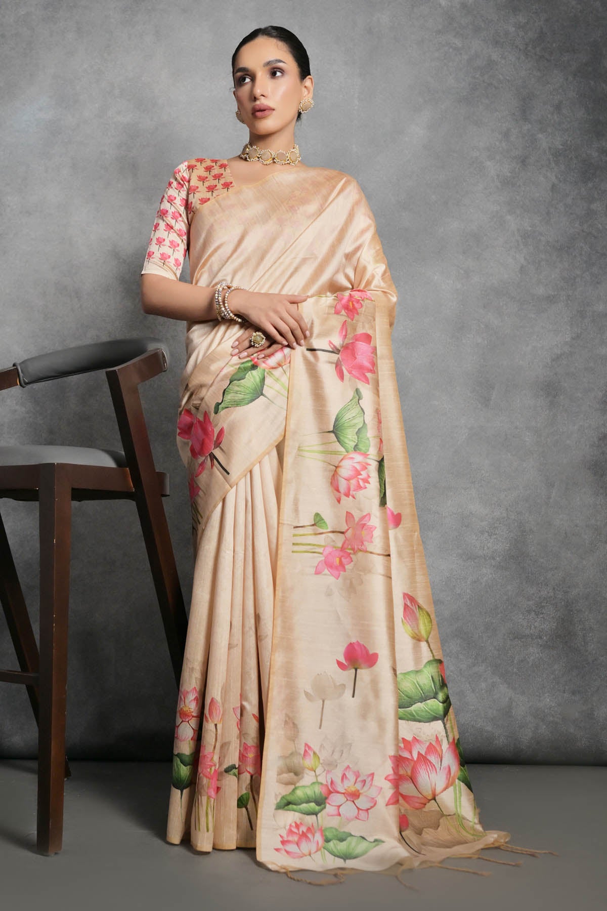 Lotus Print Yellow Saree