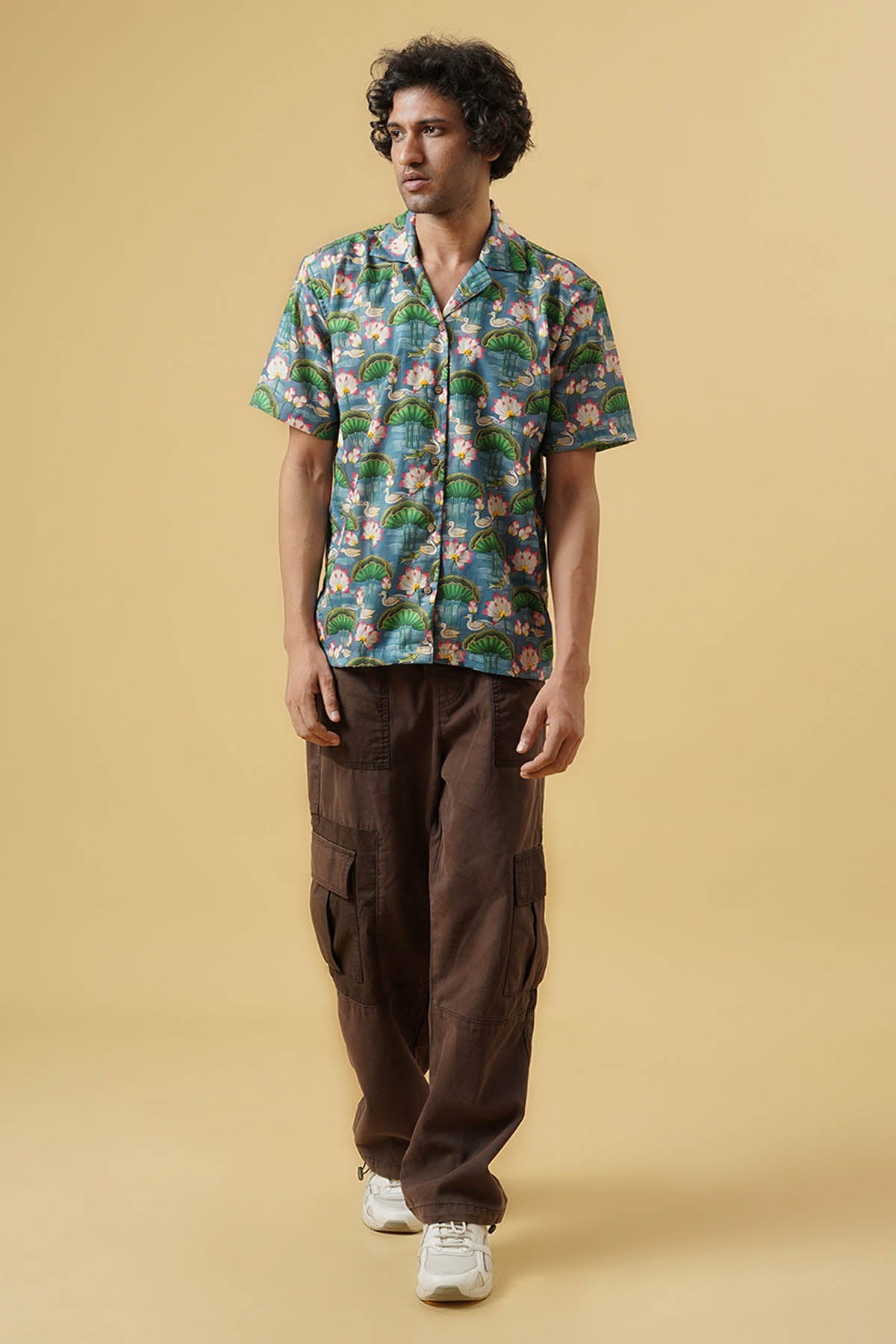 Lotus Print Embroidered Shirt For Men at ScrollnShops