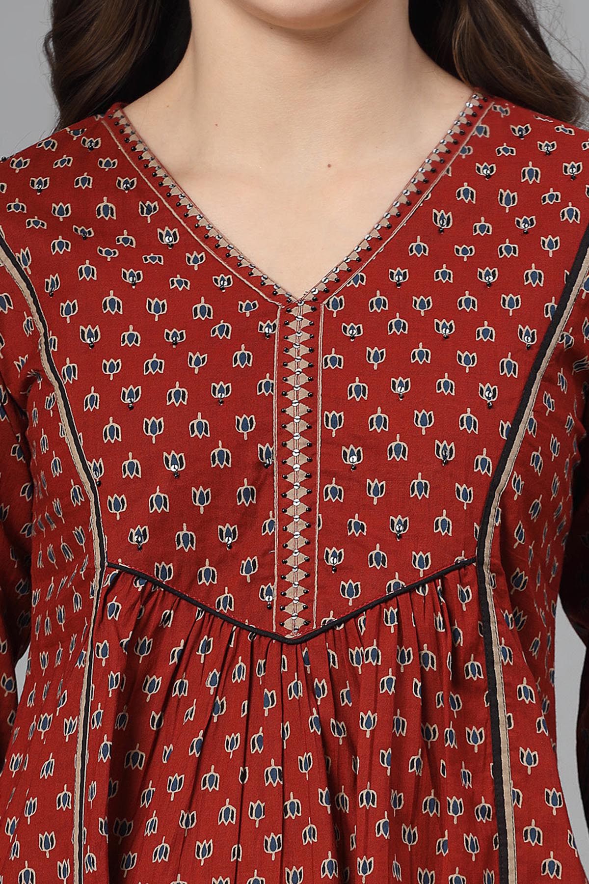 Madder Red Gathered Yoke Top