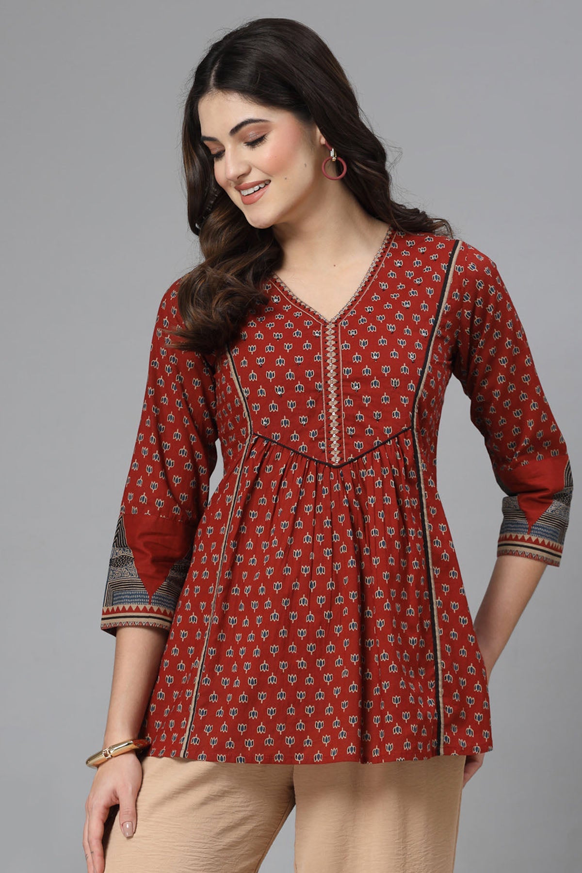 Buy Madder Red Gathered Yoke Top for Women by Qomn Designer online available at scrollnshops