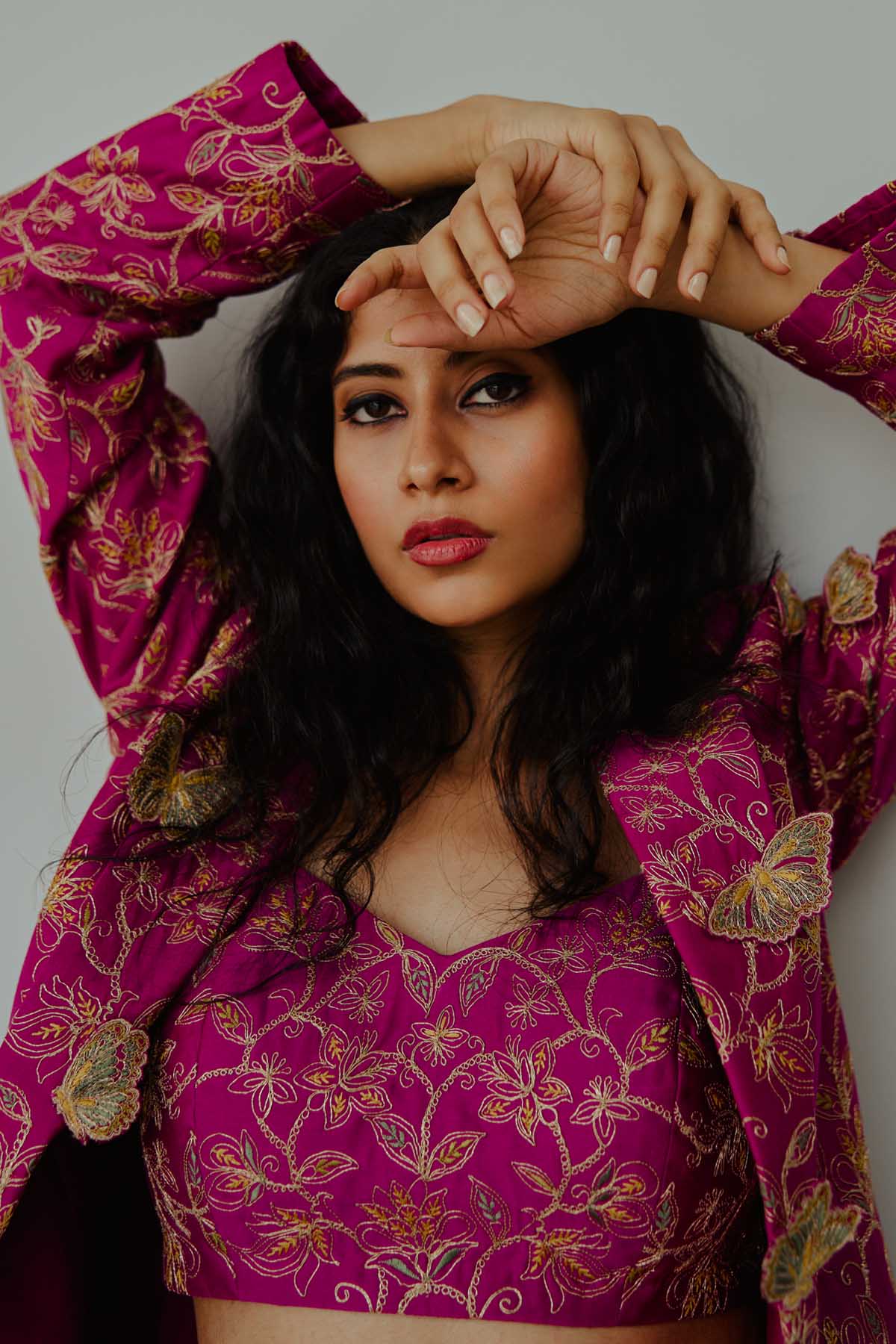 Magenta Embroidered Jacket Set