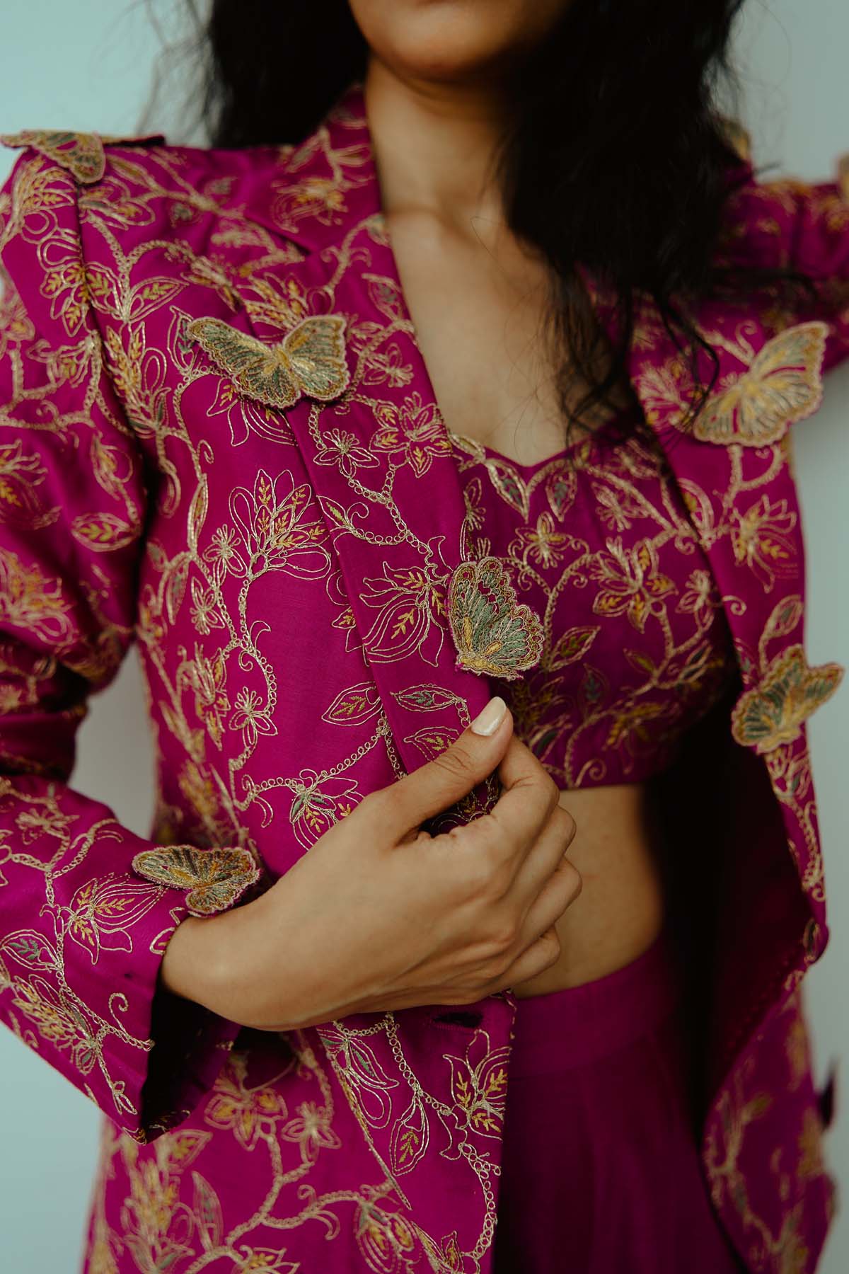 Magenta Embroidered Jacket Set
