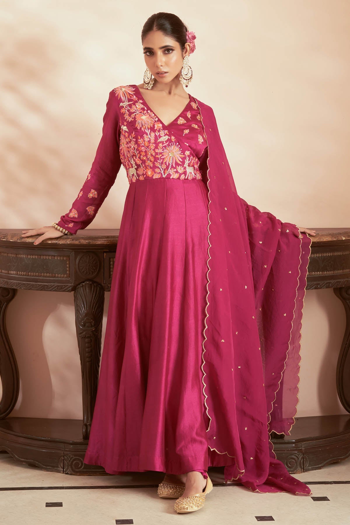 Megha Pitti Magenta Angrakha Anarkali Set for women online at ScrollnShops