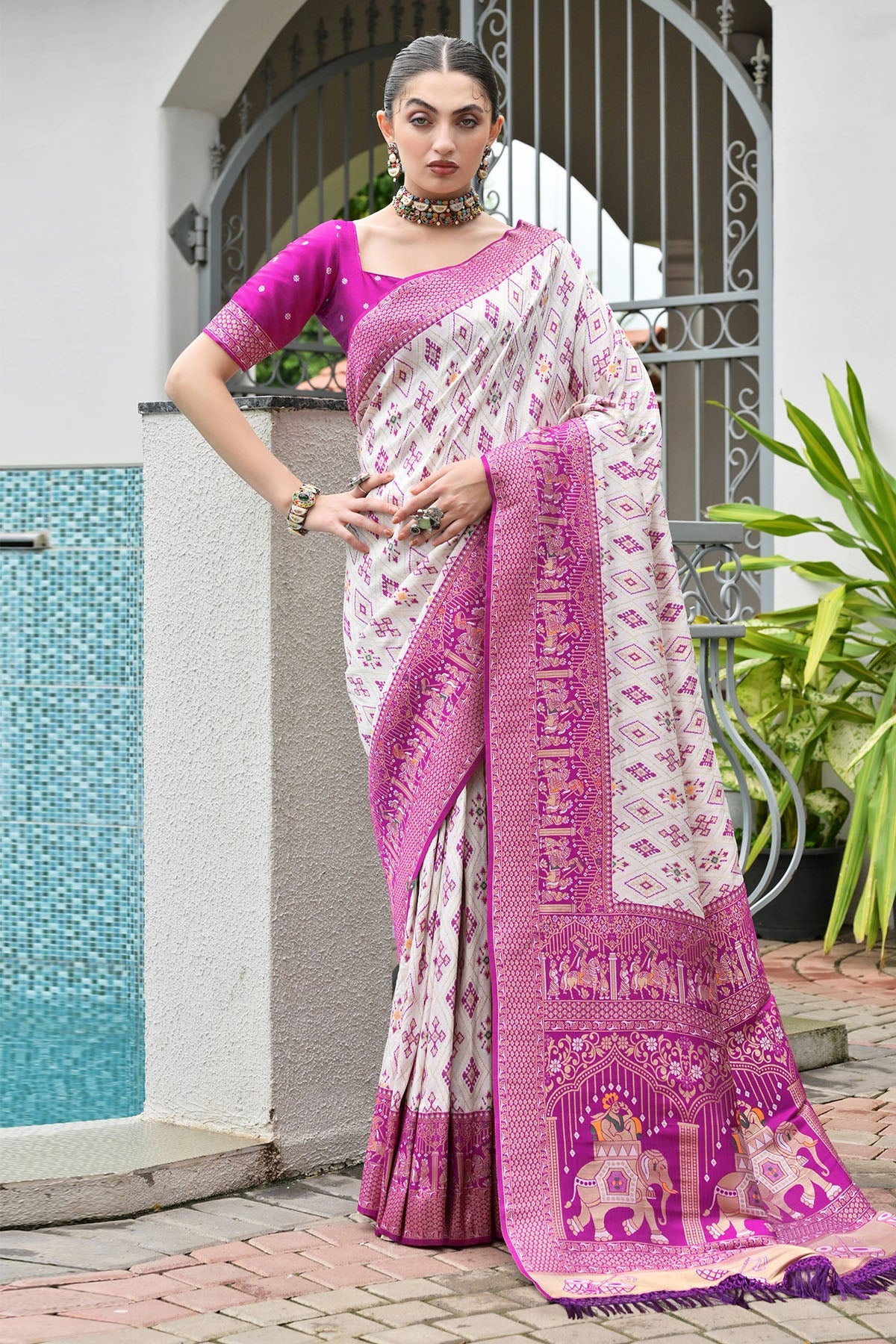 Buy Magenta Banarasi Woven Saree for women by Lili Lala Designer online available at scrollnshops