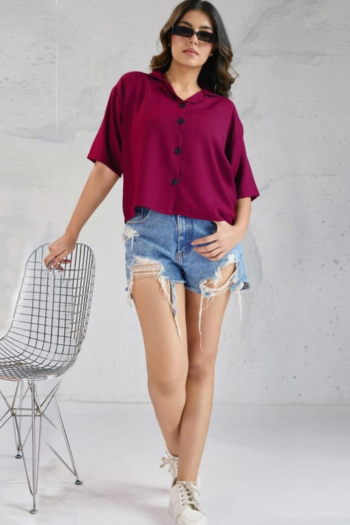 Buy Magenta Cotton Plain Crop Shirt for women by Aastha Fashion online available at scrollnshops
