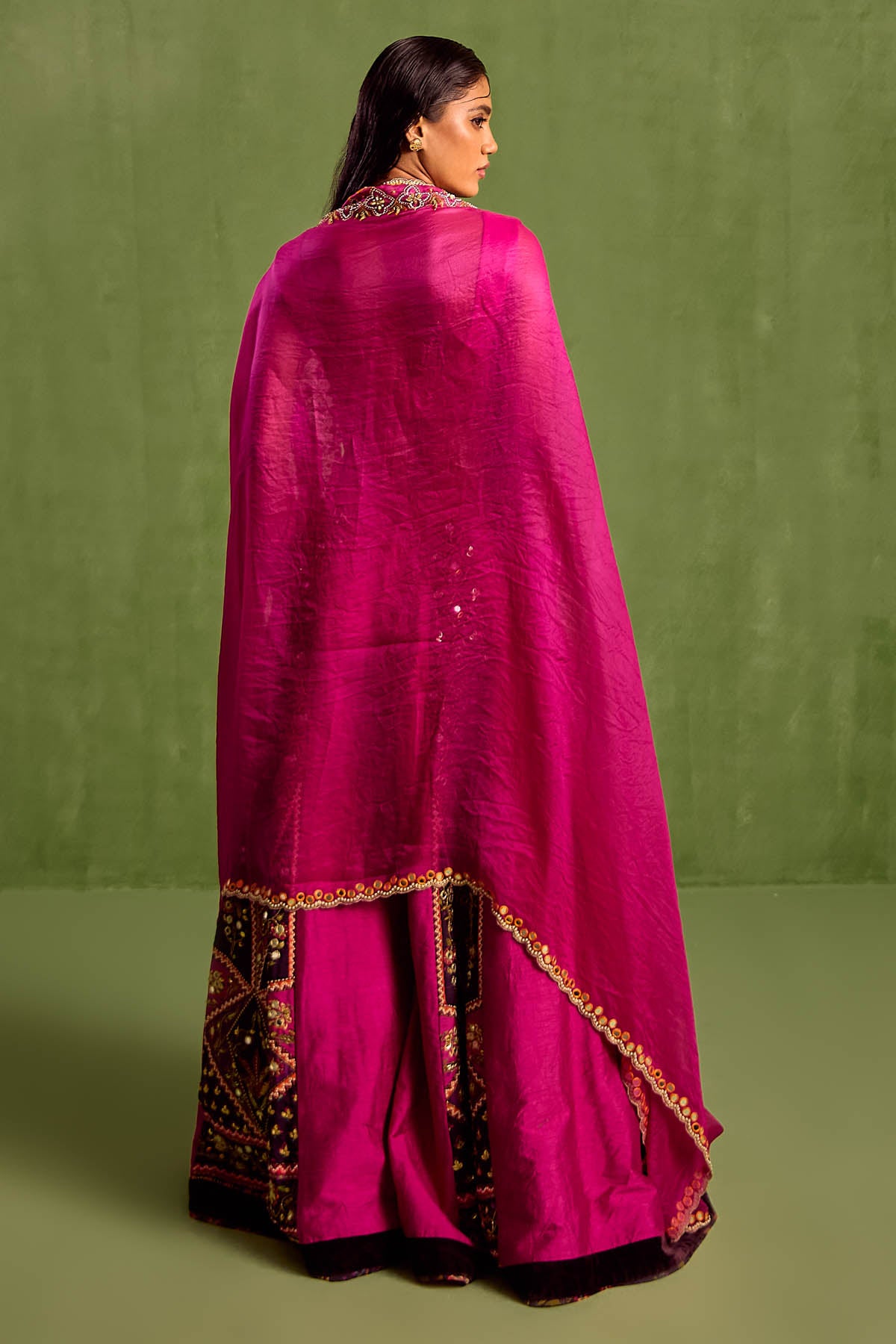 Embroidered Magenta Cape Set