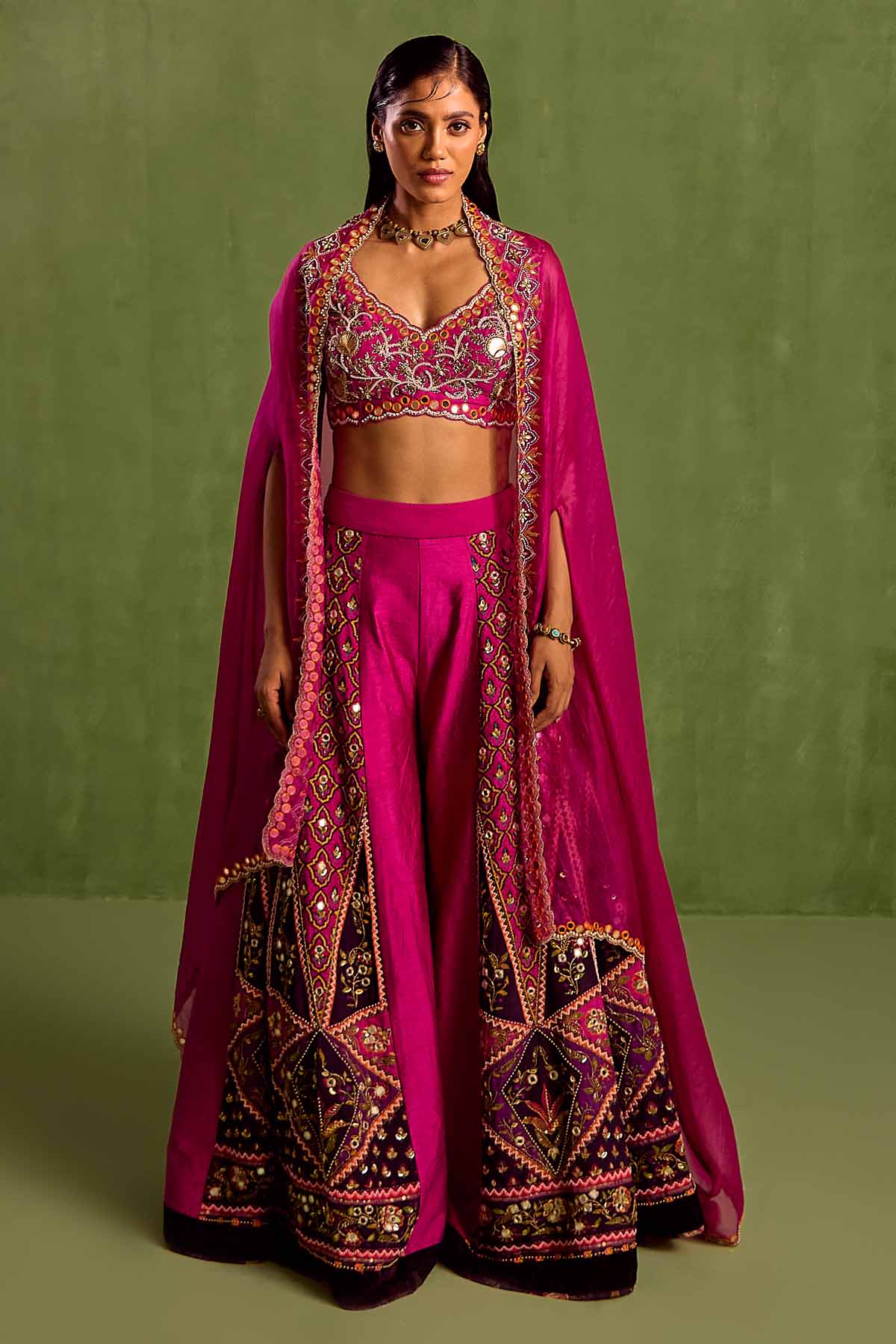 Embroidered Magenta Cape Set