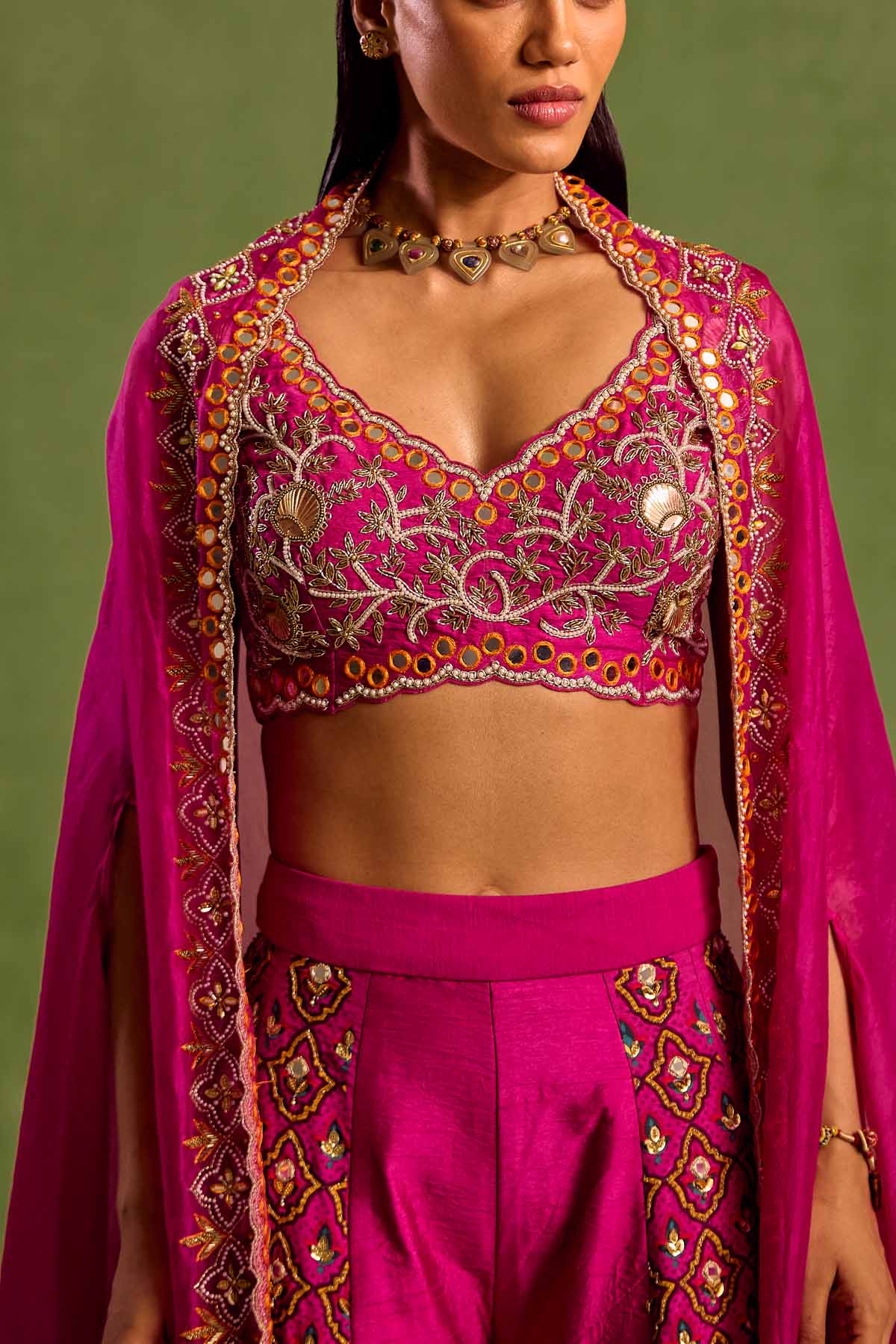 Embroidered Magenta Cape Set