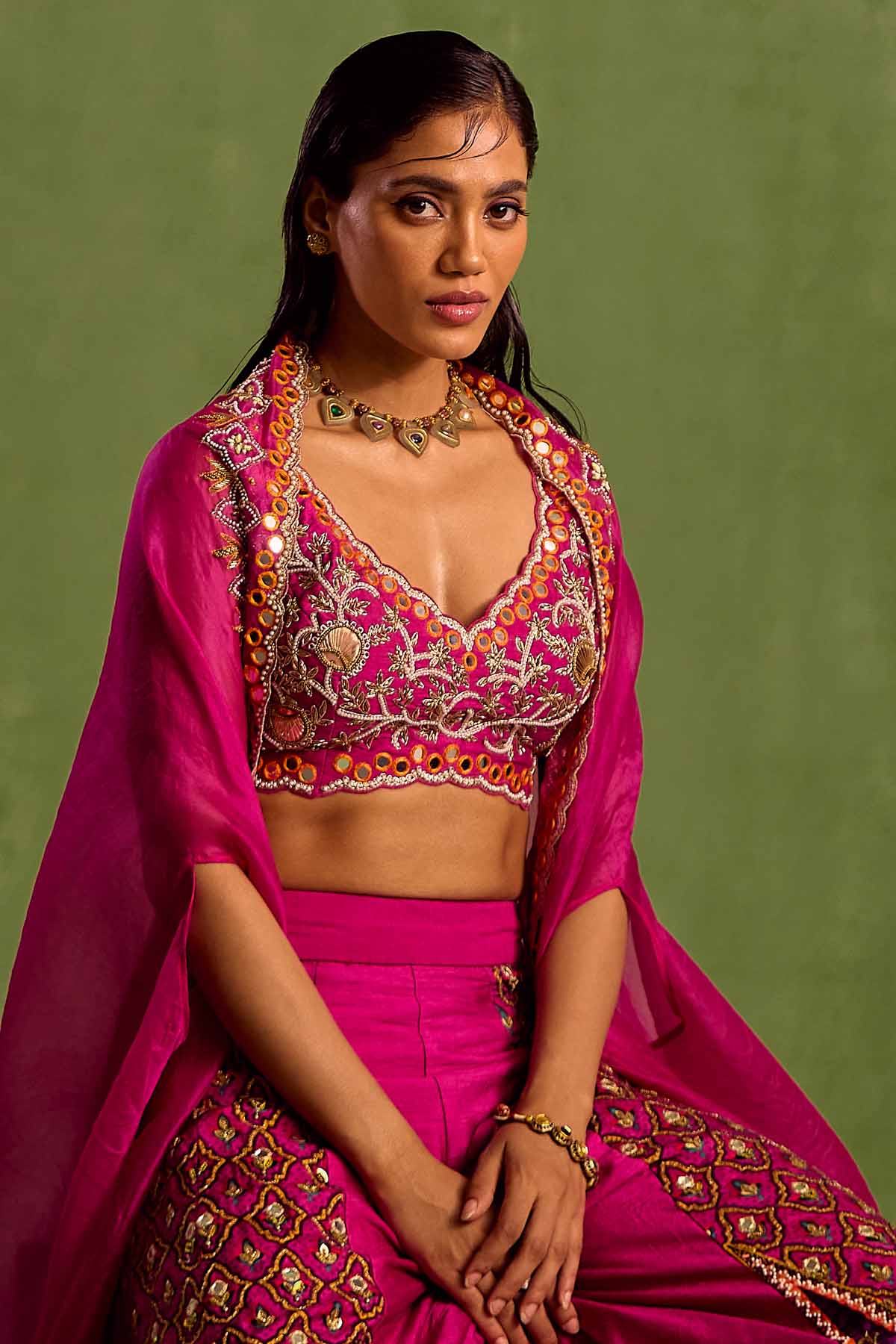 Embroidered Magenta Cape Set