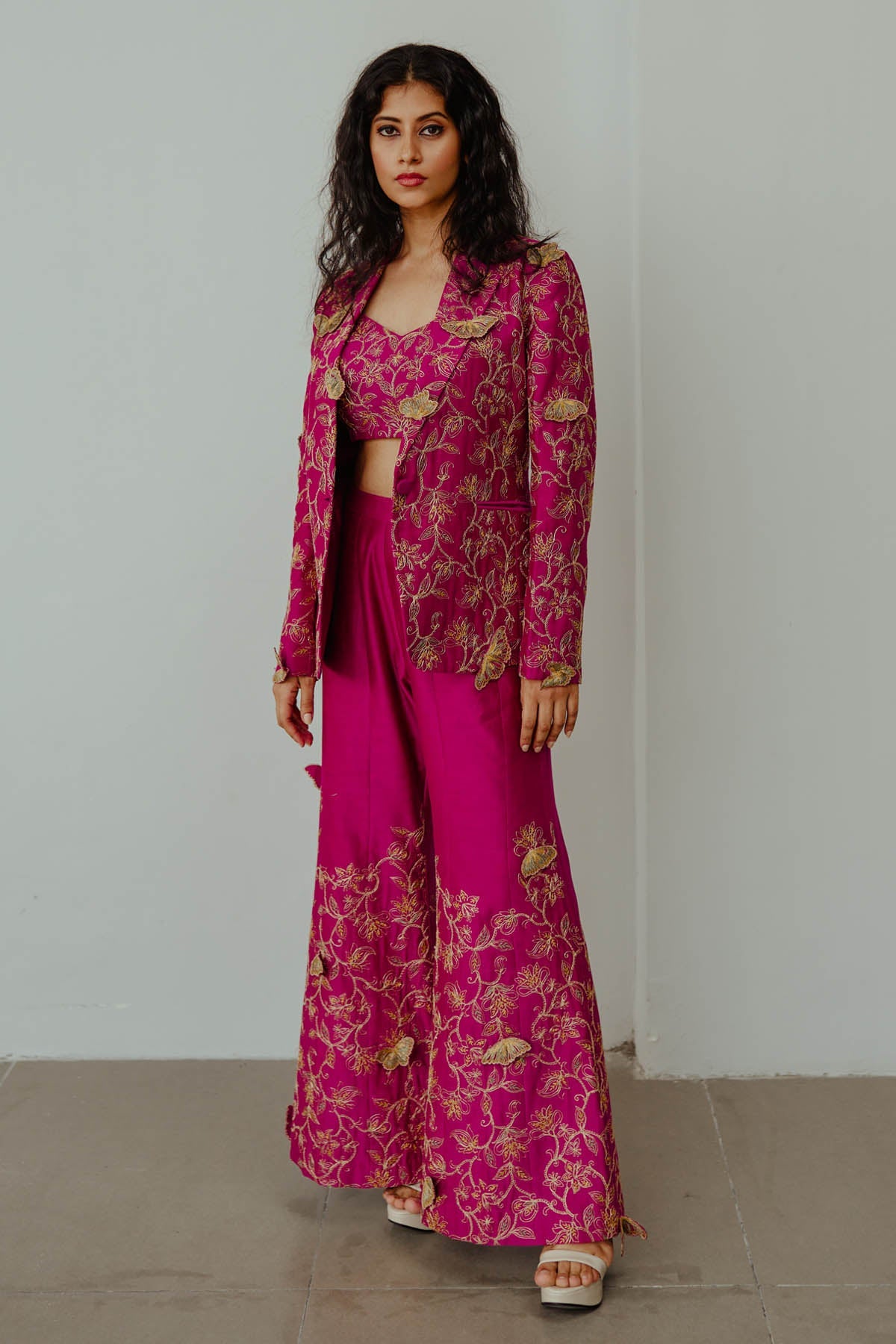 Magenta Embroidered Jacket Set