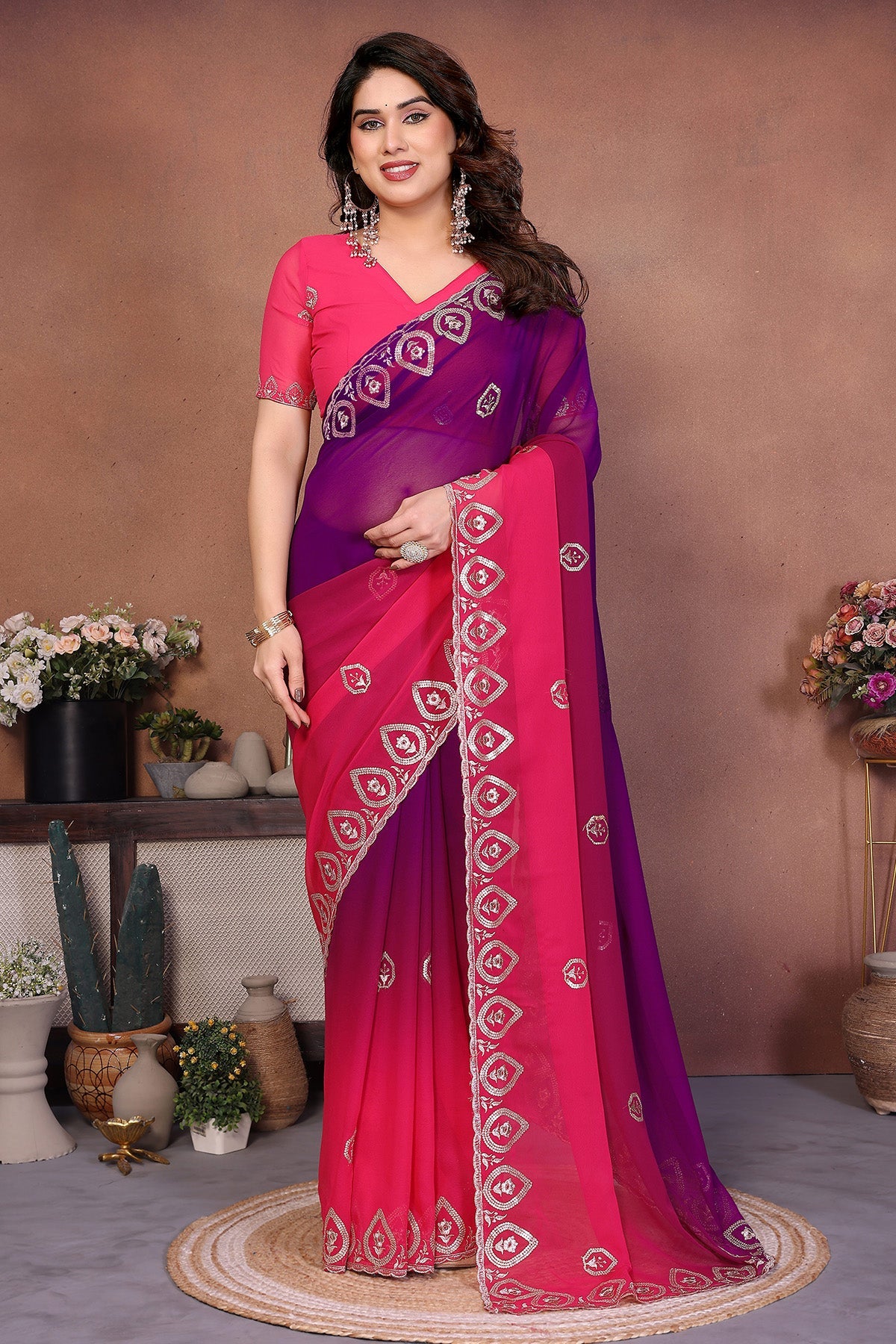 Buy Magenta Georgette Padding Saree for women by Aastha Fashion online available at scrollnshops