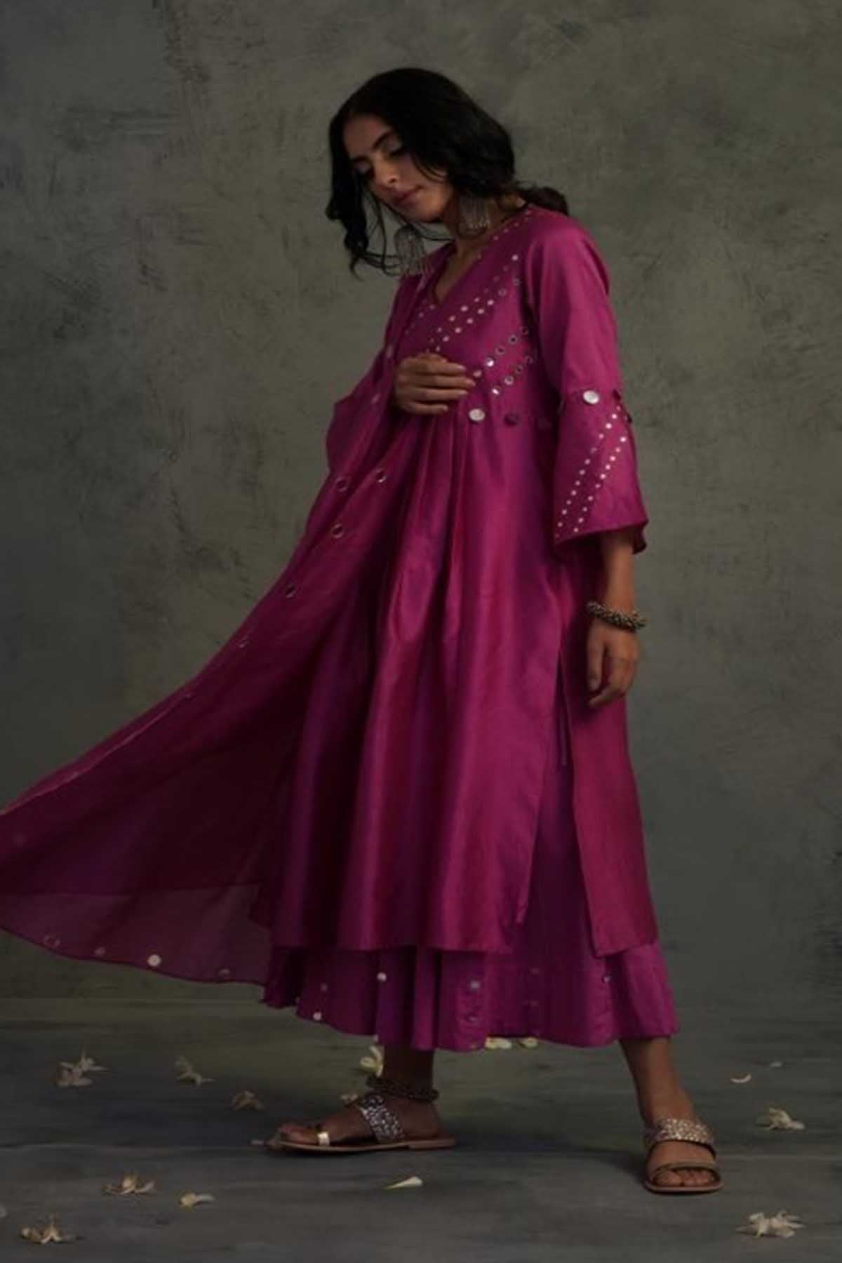 Magenta Mirror Work Kurta Set