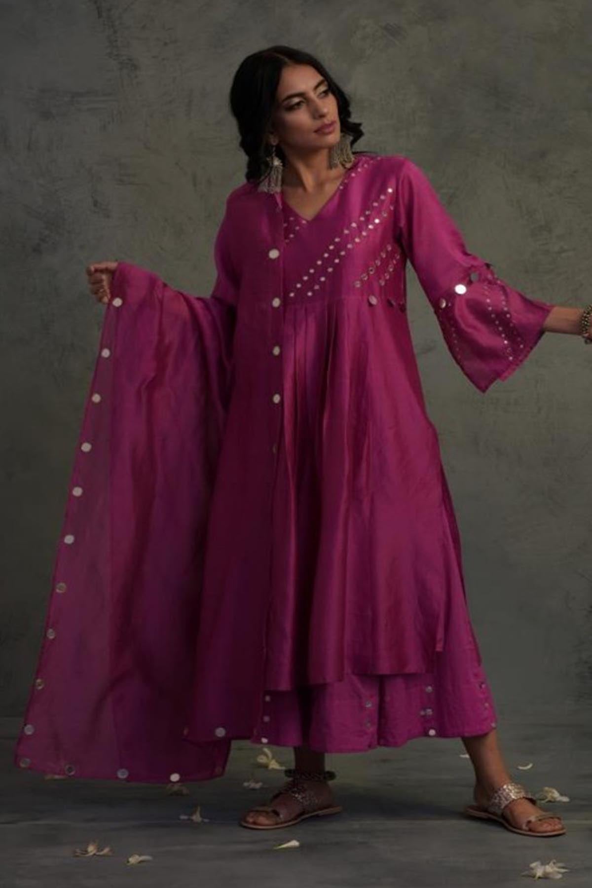 Buy Magenta Mirror Work Kurta Set Online