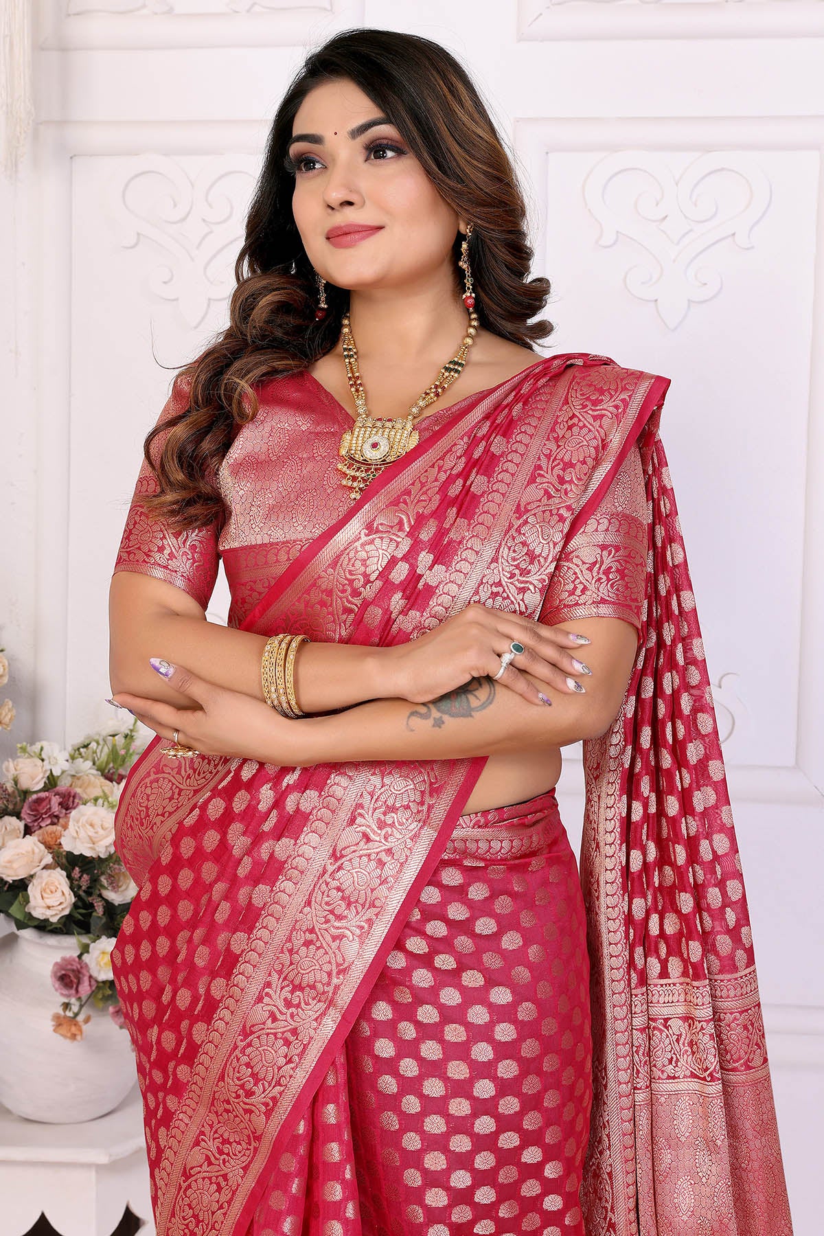 Magenta Organza Weaving Saree