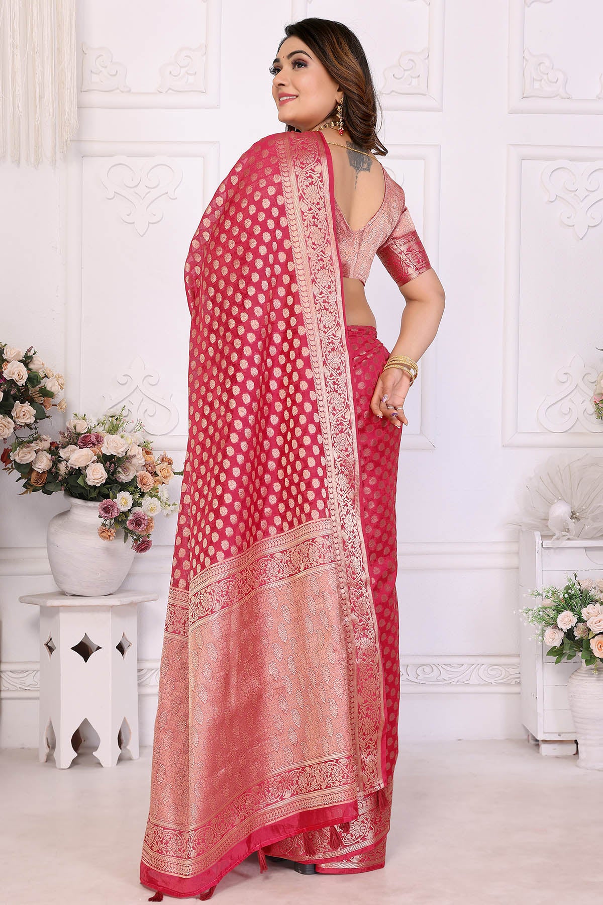 Magenta Organza Weaving Saree