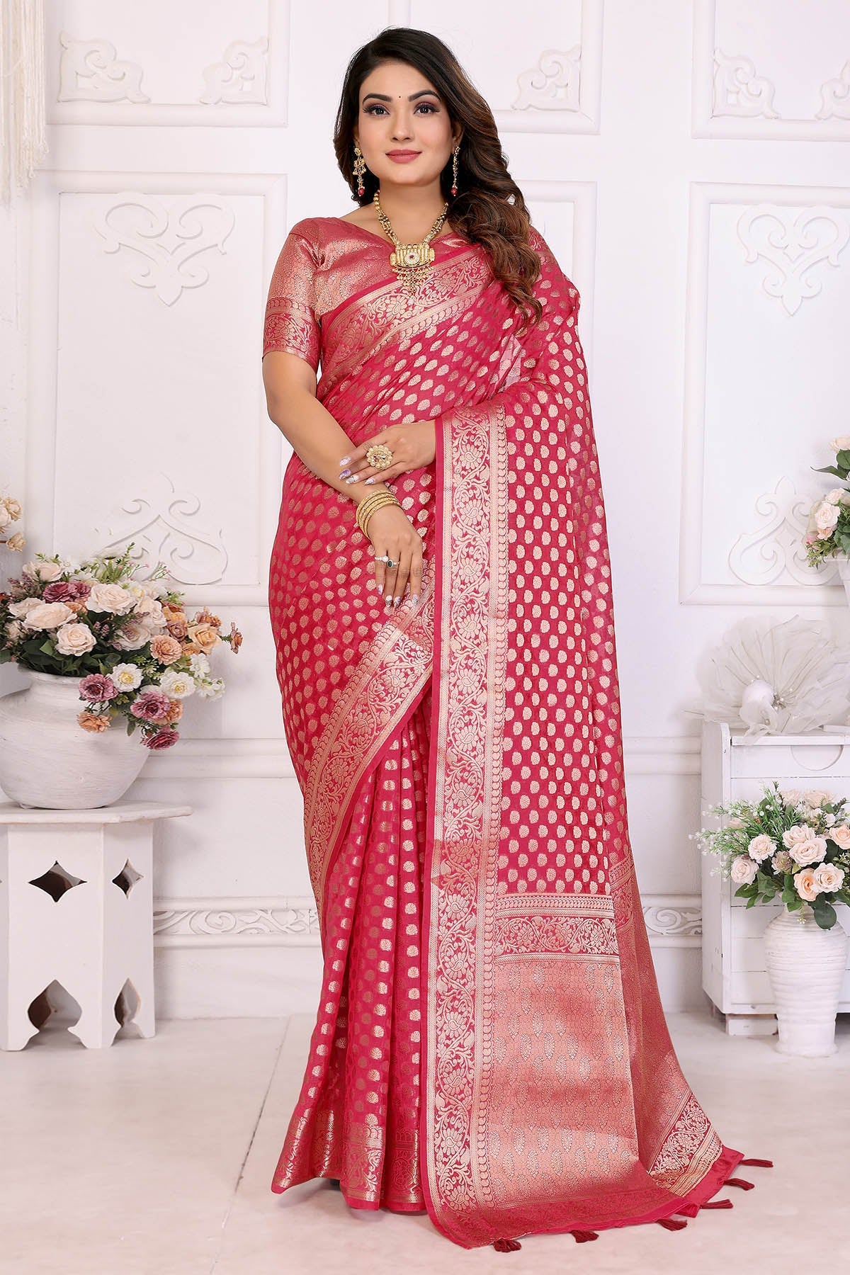 Buy Magenta Organza Weaving Saree for women by Aastha Fashion online available at scrollnshops