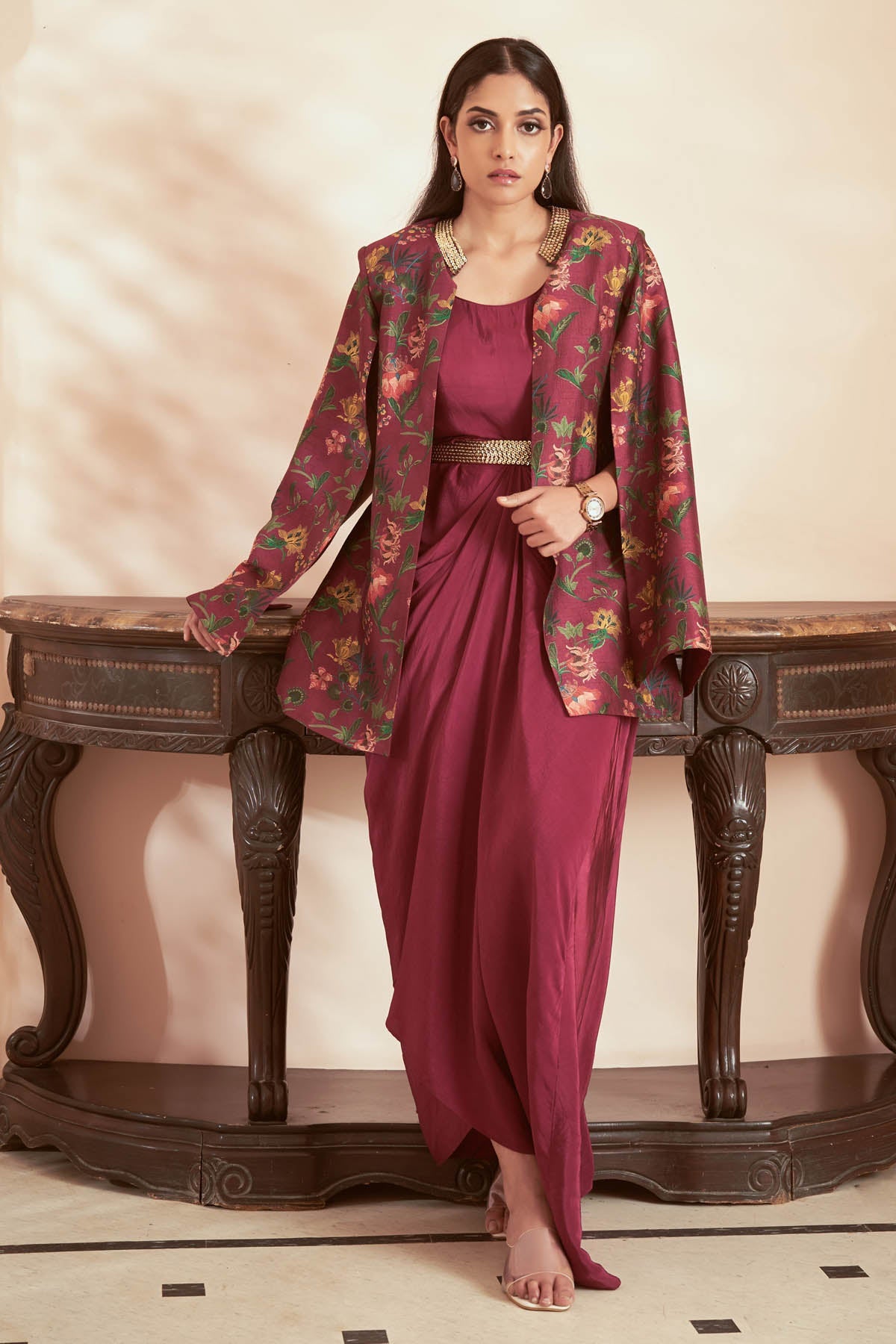 Megha Pitti Magenta Printed Gown & Jacket for women online at ScrollnShops