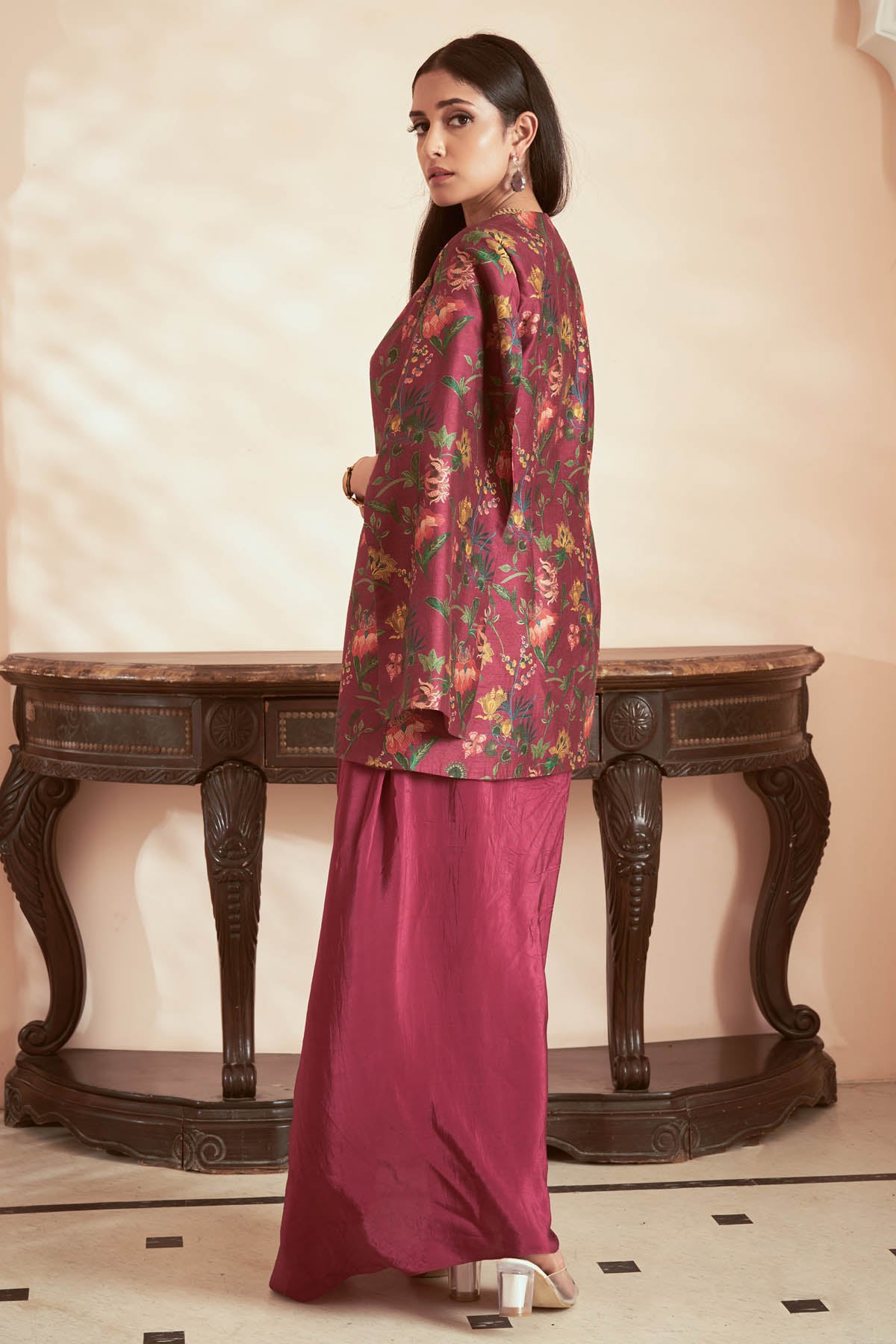 Magenta Printed Gown & Jacket