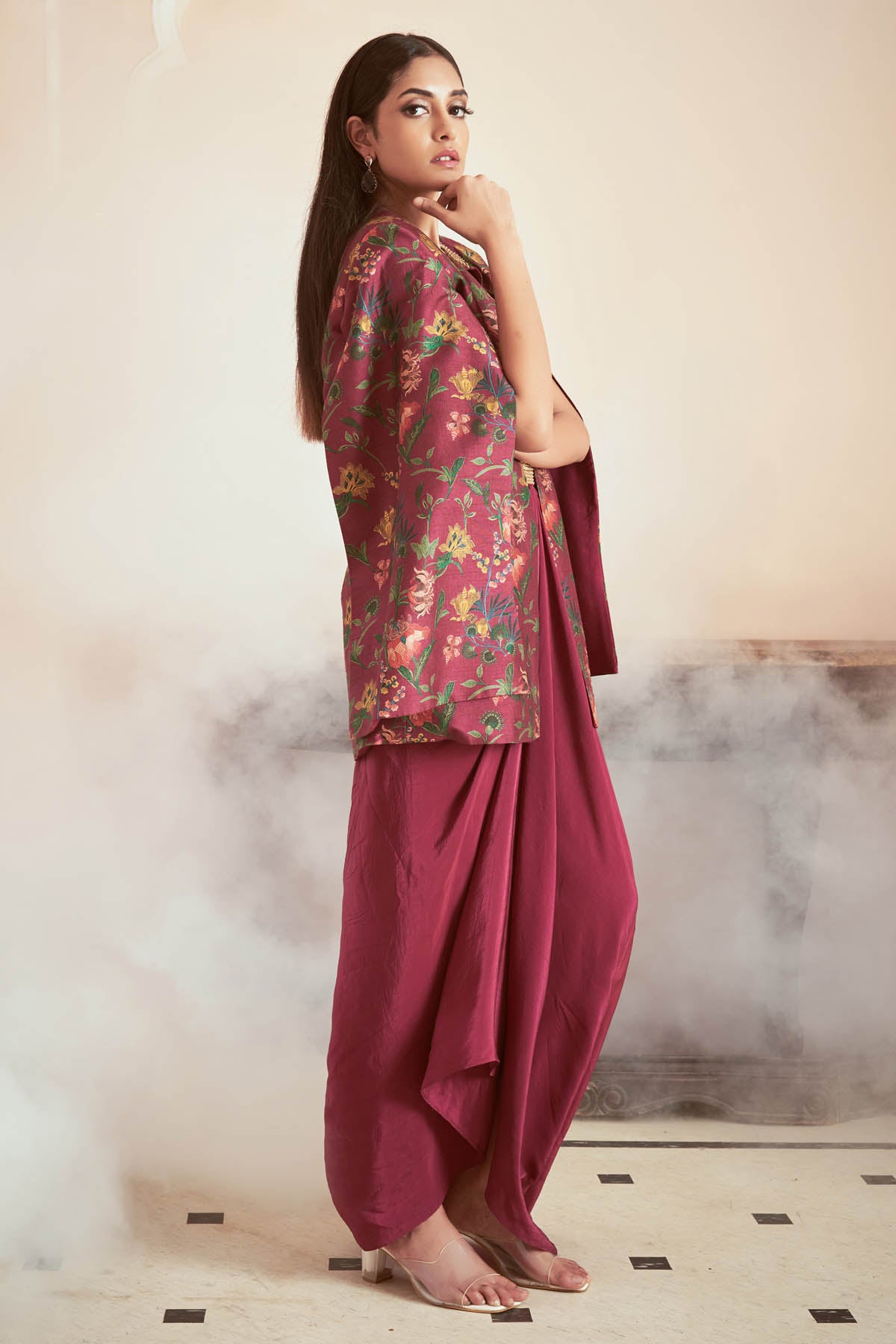 Magenta Printed Gown & Jacket