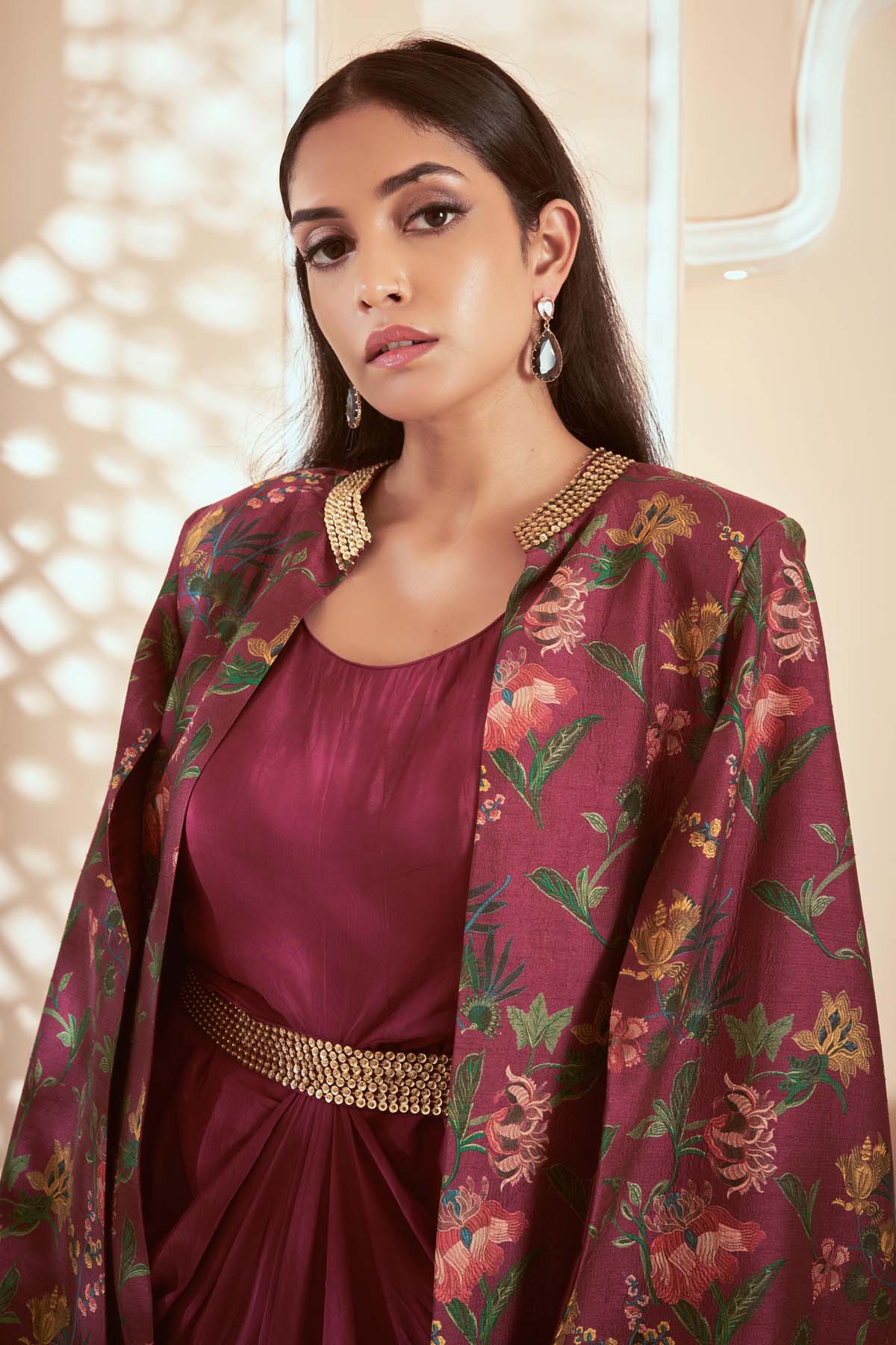 Magenta Printed Gown & Jacket