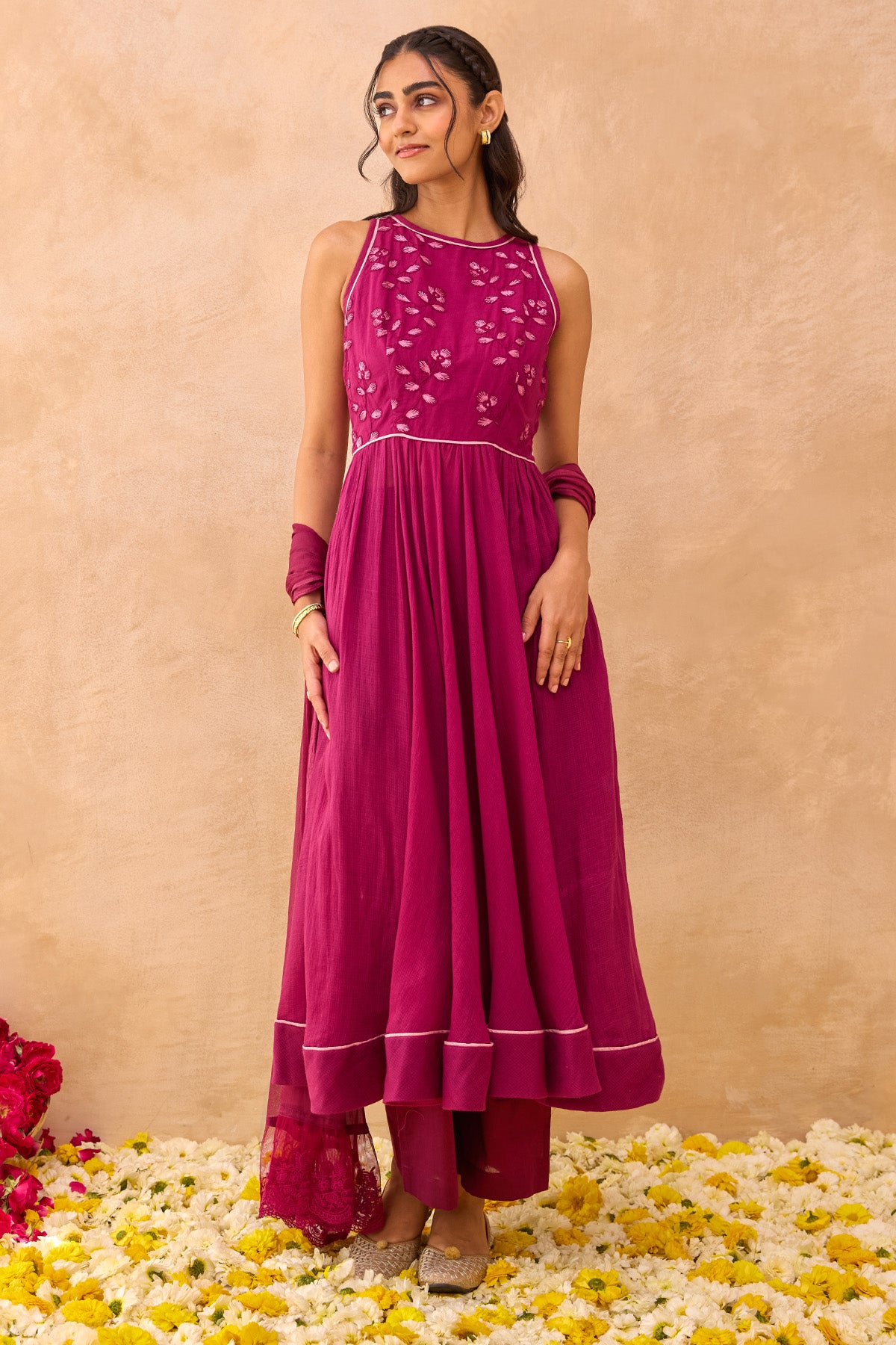 Magenta Self Textured Kurta Set