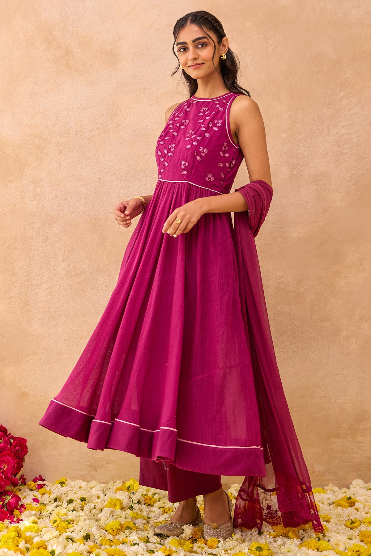 Magenta Self Textured Kurta Set