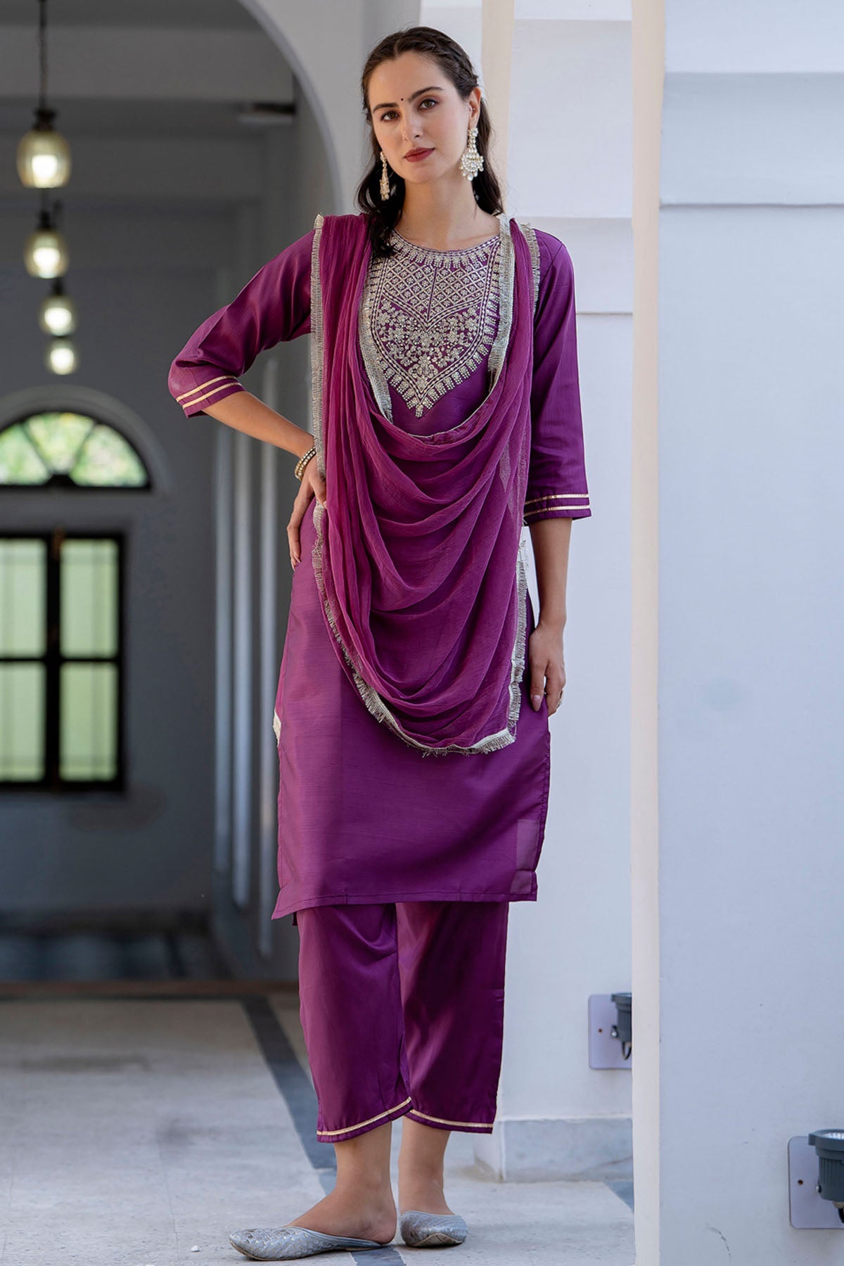 Buy Magenta Silk Blend Kurta Set for women by Aastha Fashion online available at scrollnshops