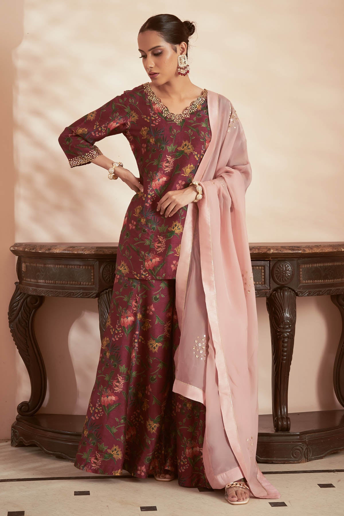 Megha Pitti Magenta Silk Printed Kurta Set for women online at ScrollnShops