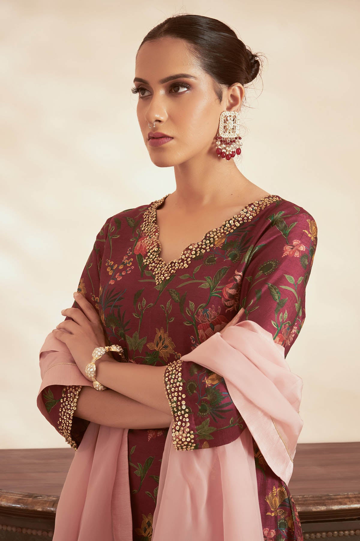 Magenta Silk Printed Kurta Set