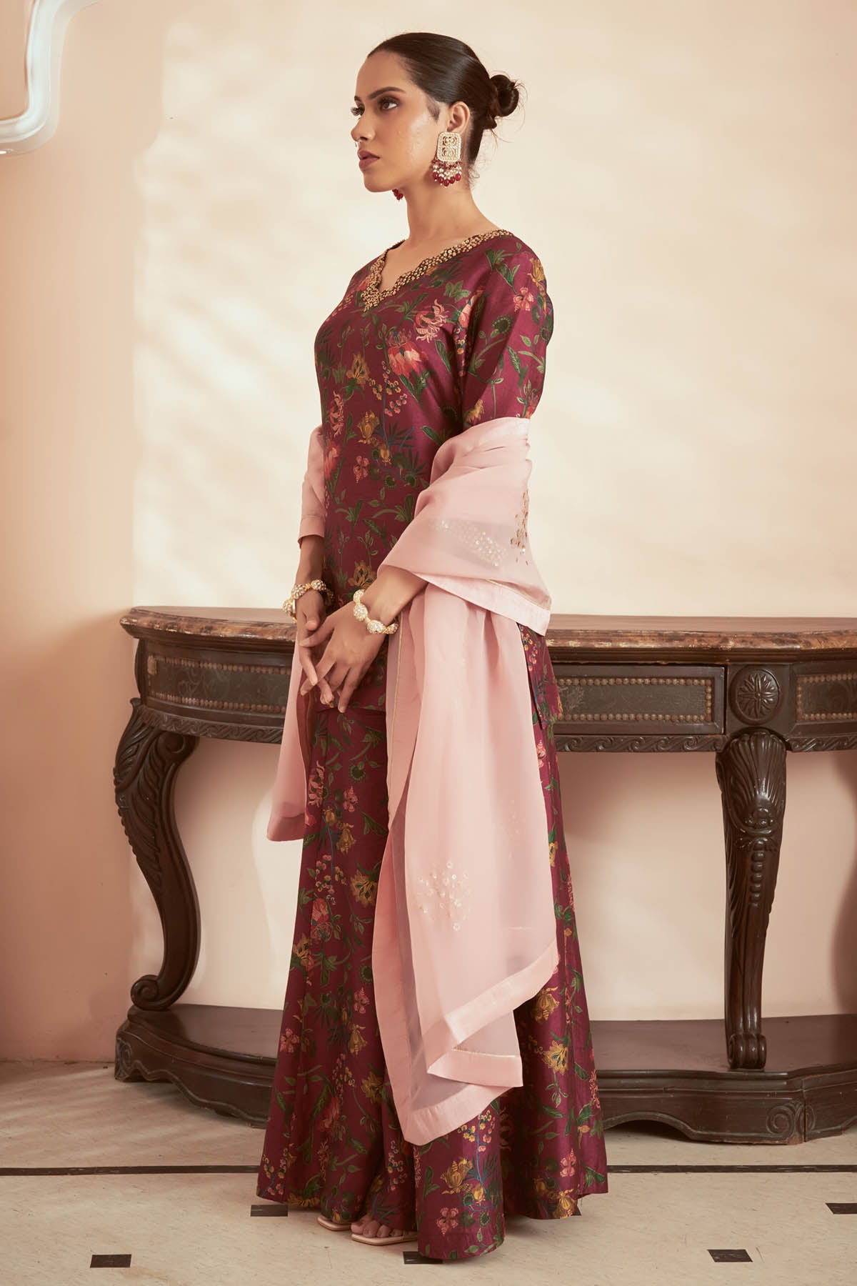 Magenta Silk Printed Kurta Set