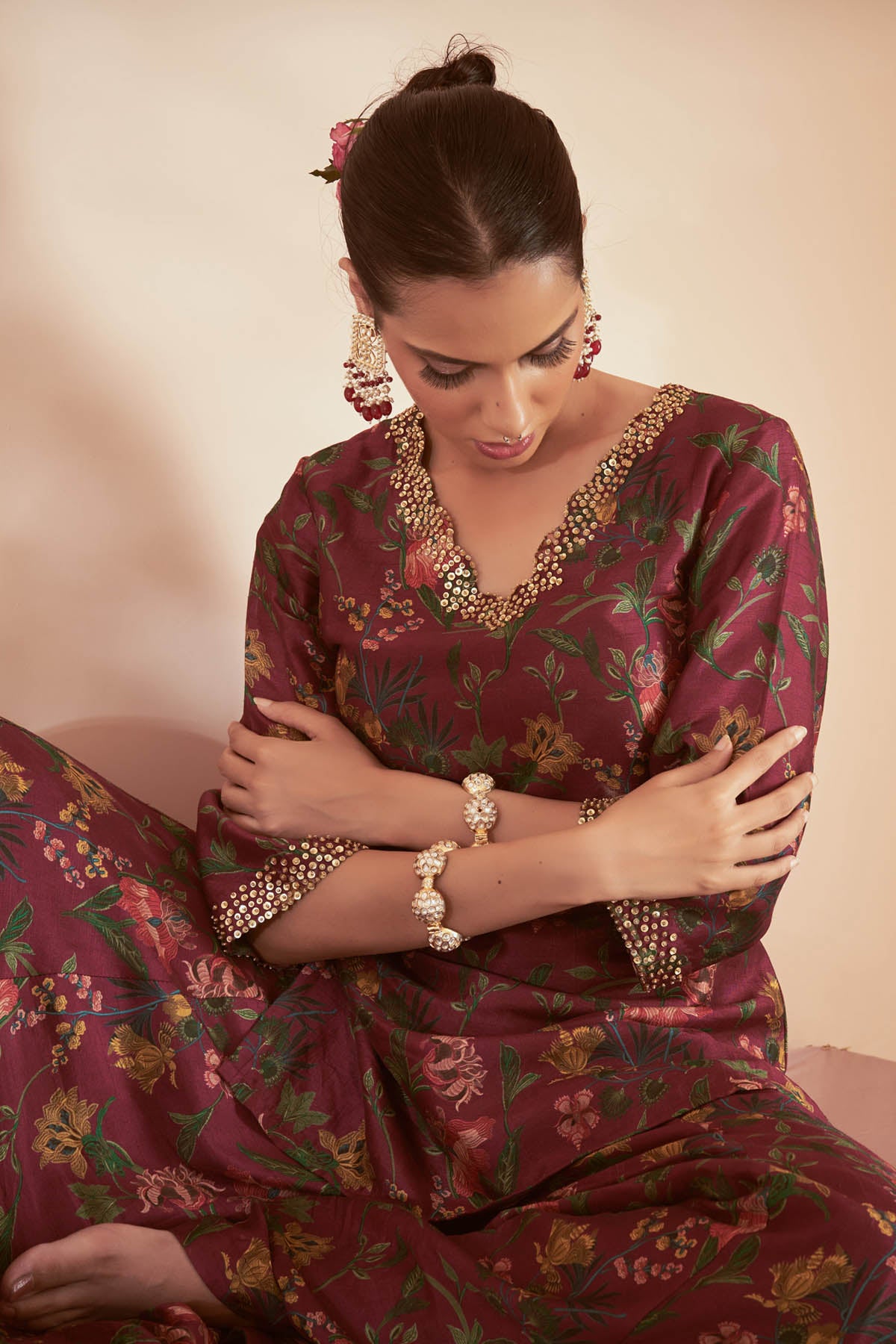 Magenta Silk Printed Kurta Set