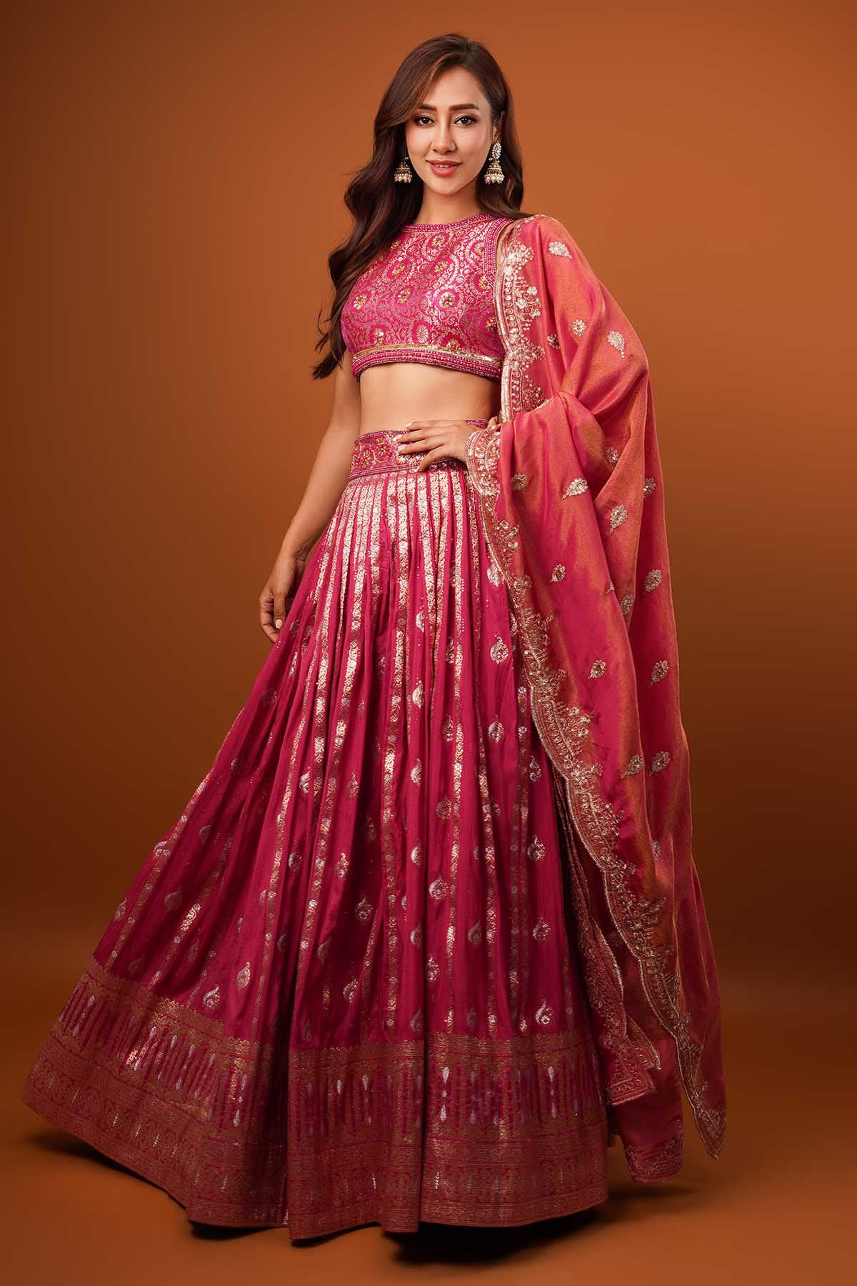 Buy Magenta Silk Zardosi Lehenga Set Online