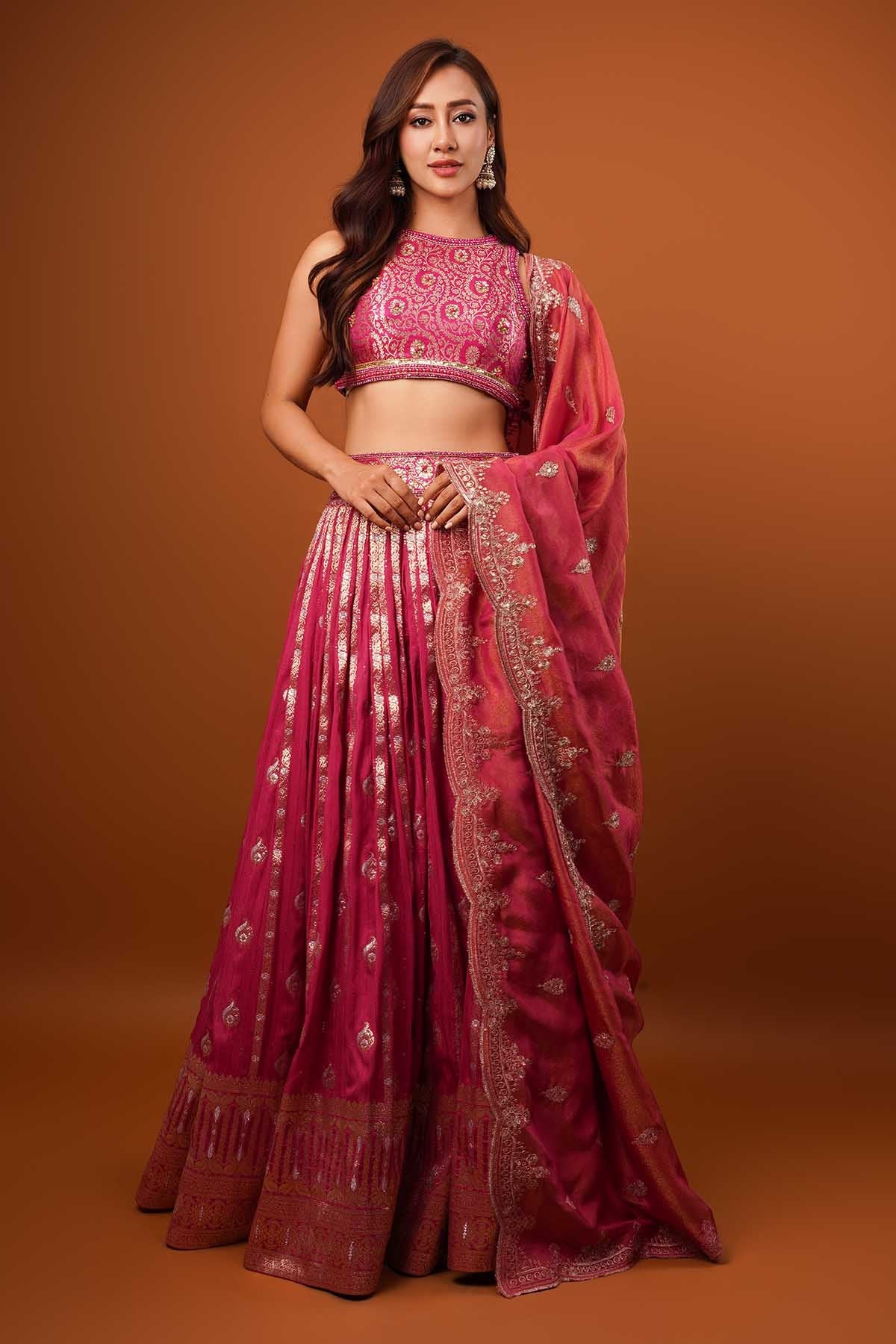 Ajay & Priyanka Magenta Silk Zardosi Lehenga Set for women online at ScrollnShops