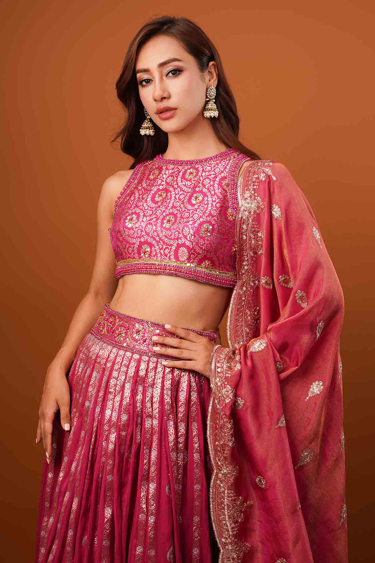 Magenta Silk Zardosi Lehenga Set