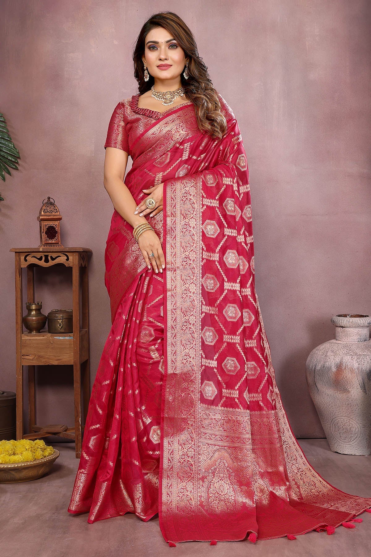 Buy Magenta Soft Organza Silk Saree for women by Aastha Fashion online available at scrollnshops