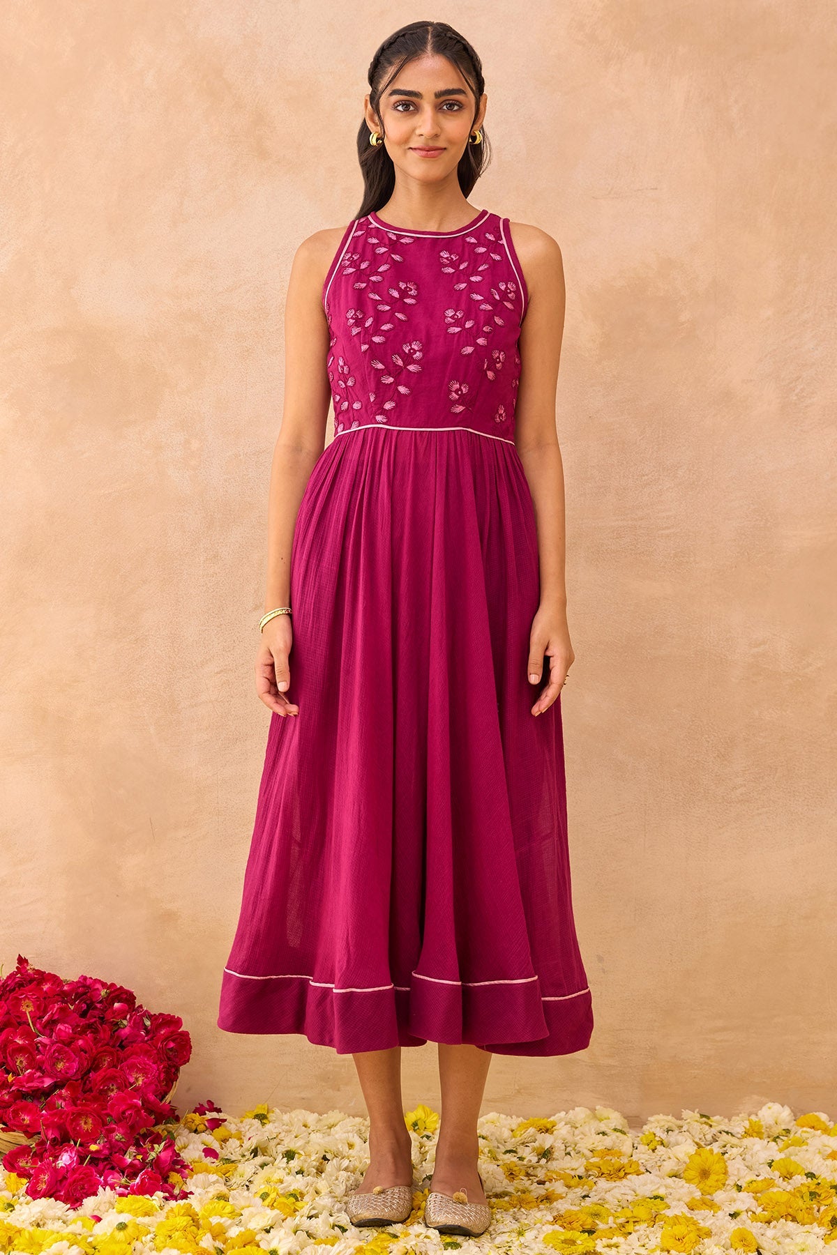 Buy Magenta Tonal Floral Midi Dress for women by Taro India online available at scrollnshops