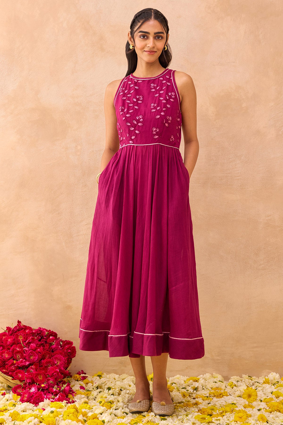 Magenta Tonal Floral Midi Dress