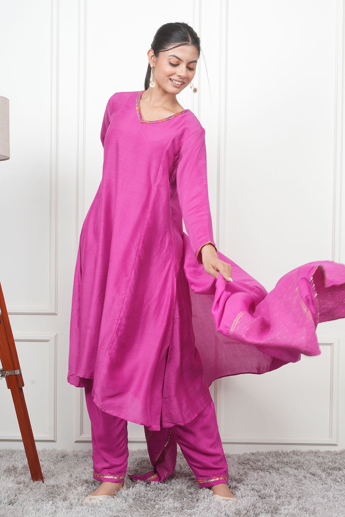 Magenta V-Neck Flared Kurta Set