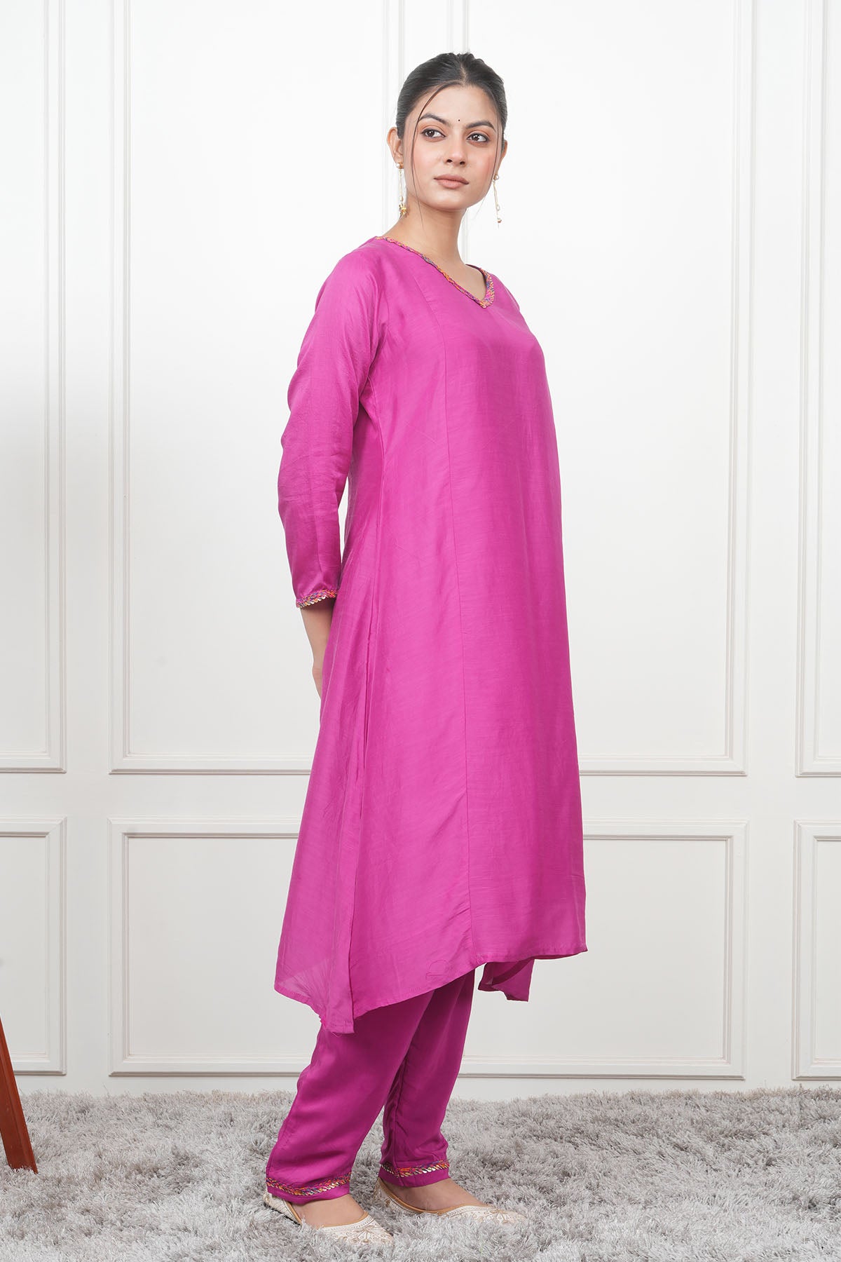 Magenta V-Neck Flared Kurta Set