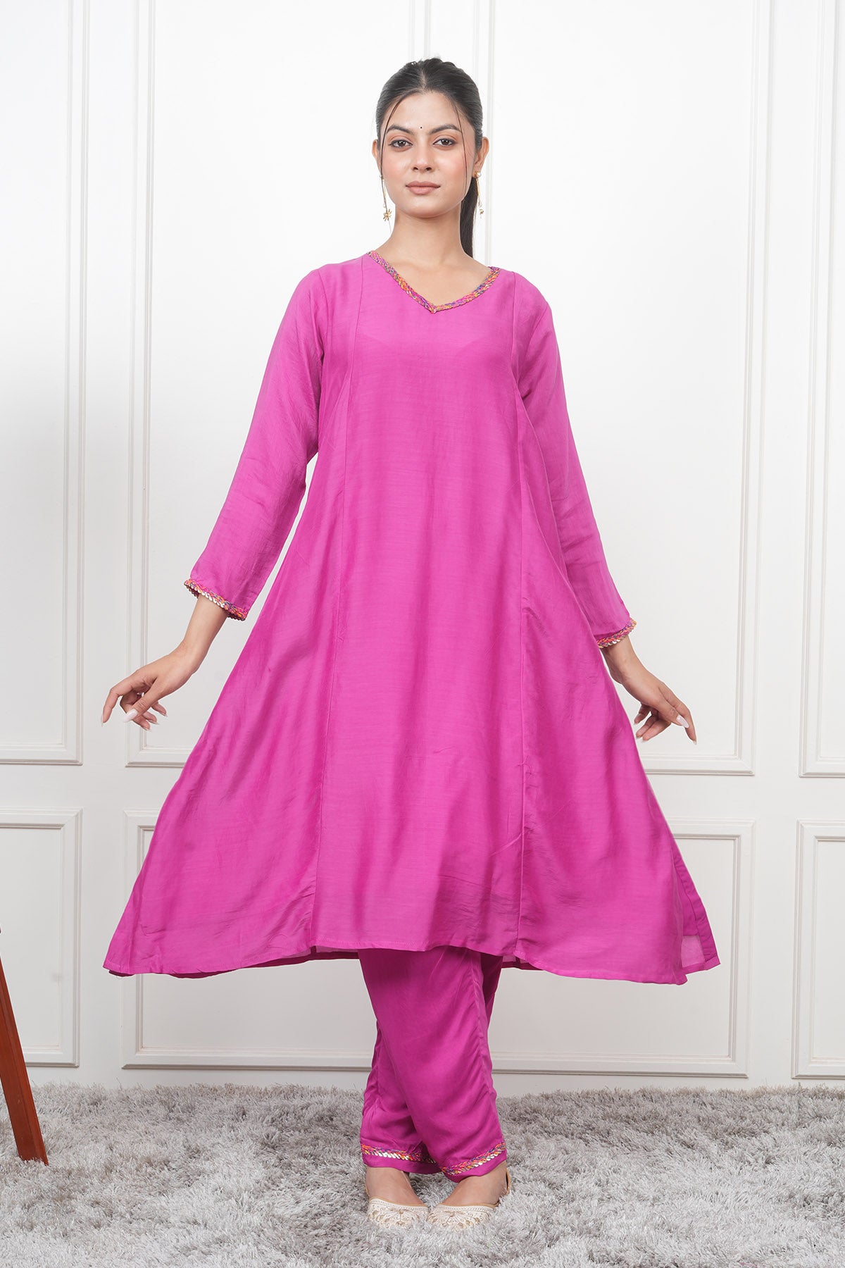 Magenta V-Neck Flared Kurta Set