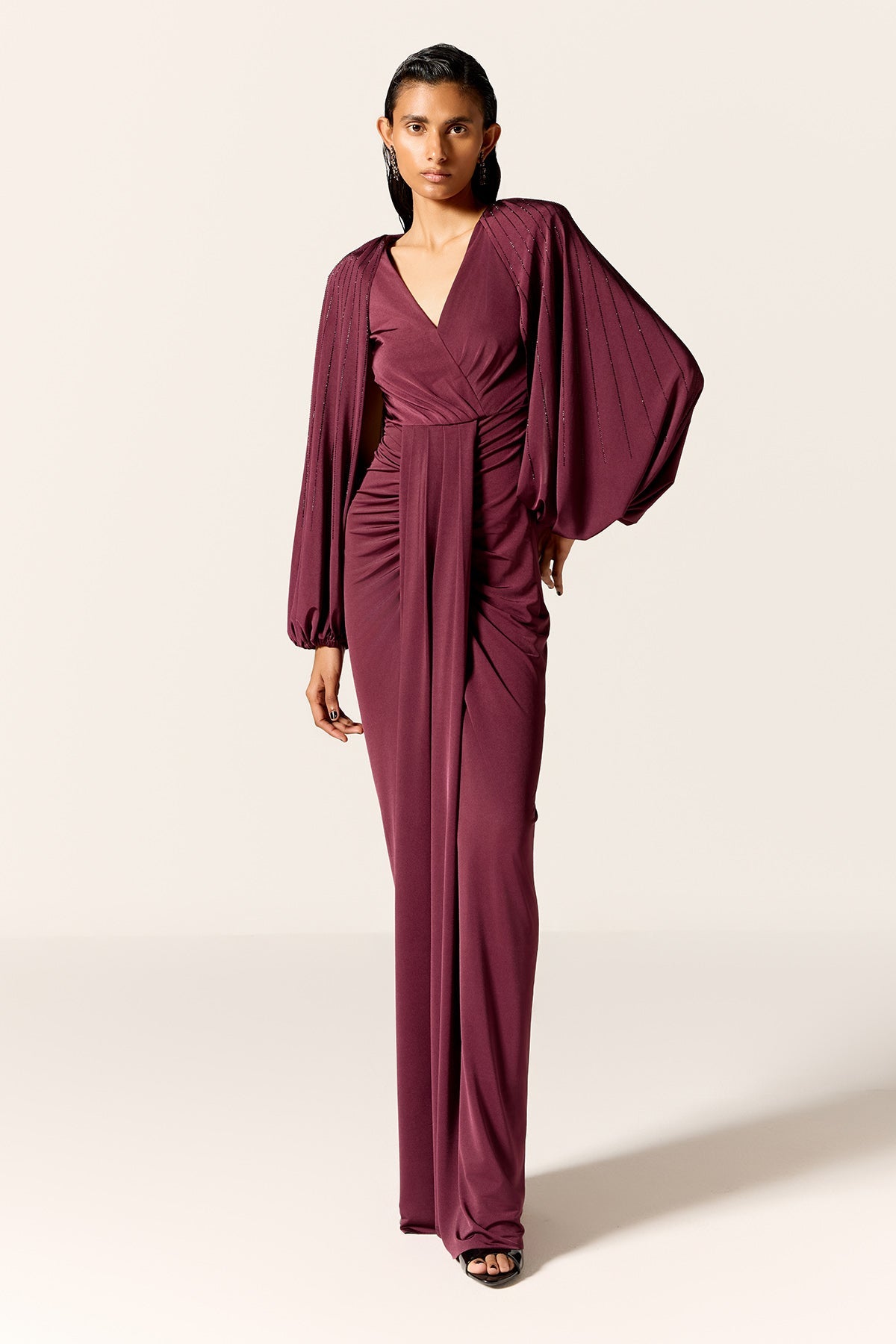 Buy Mahogany Pleated Drape Gown by Manika Nanda for Women online at ScrollnShops