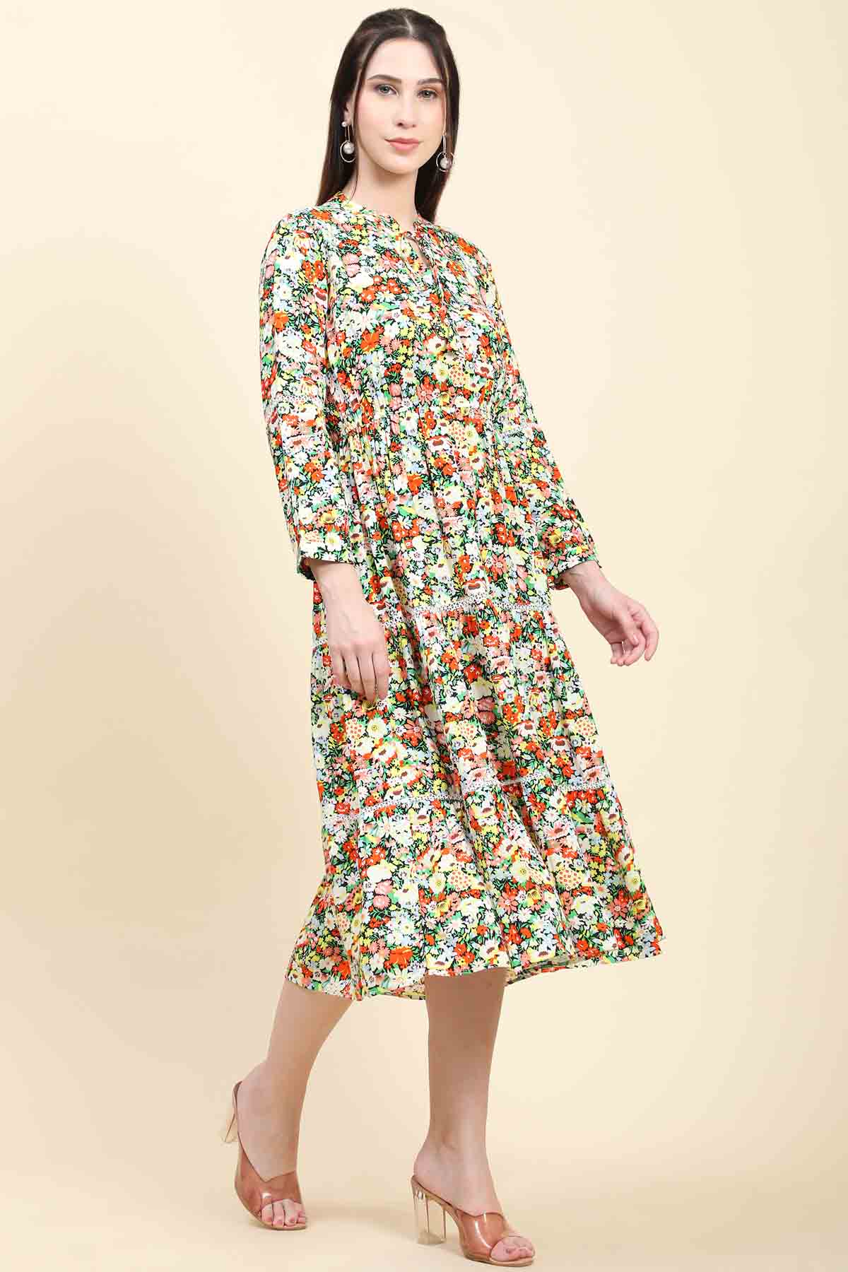 Mandarin Collar Floral Dress