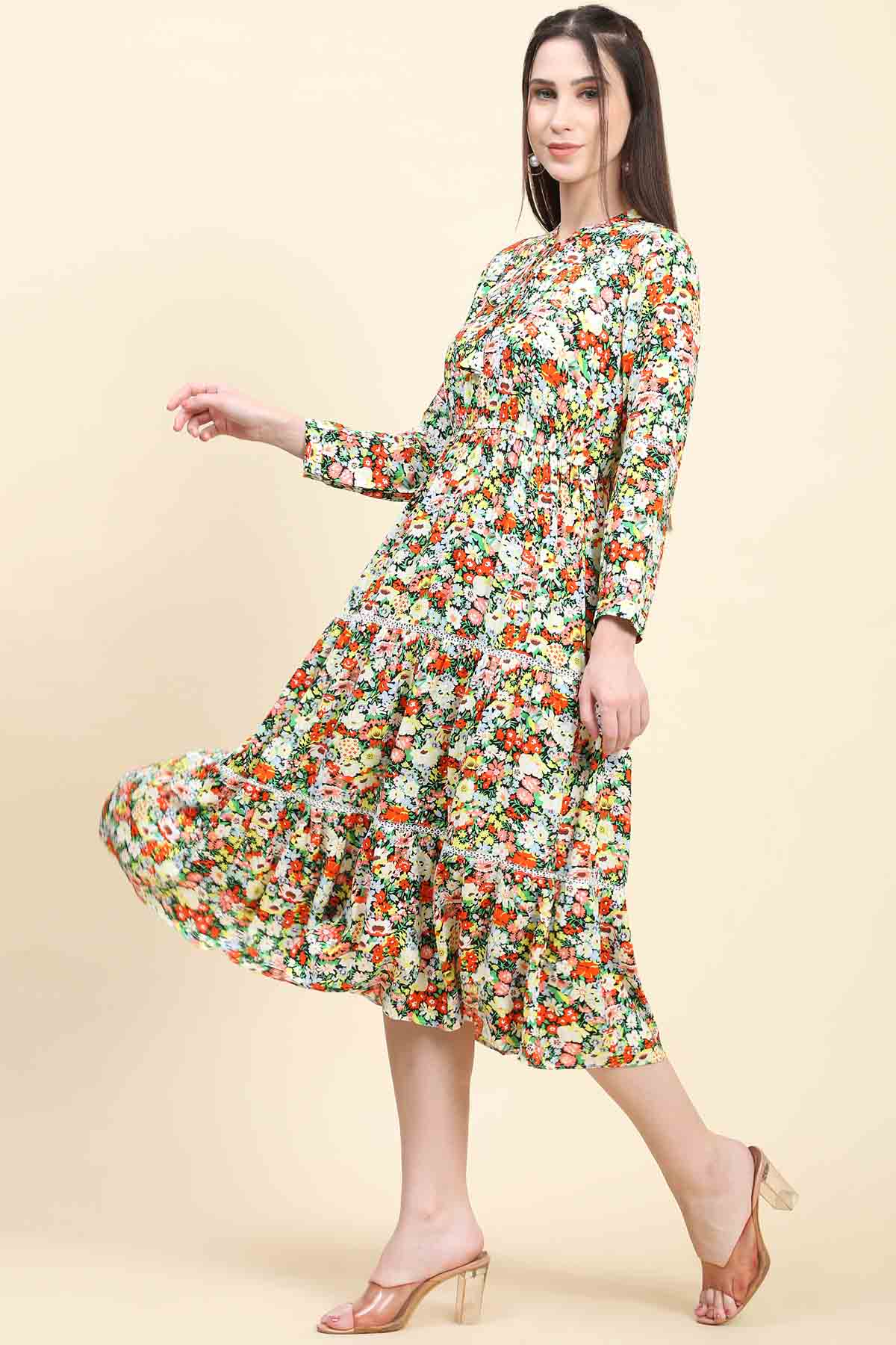 Mandarin Collar Floral Dress