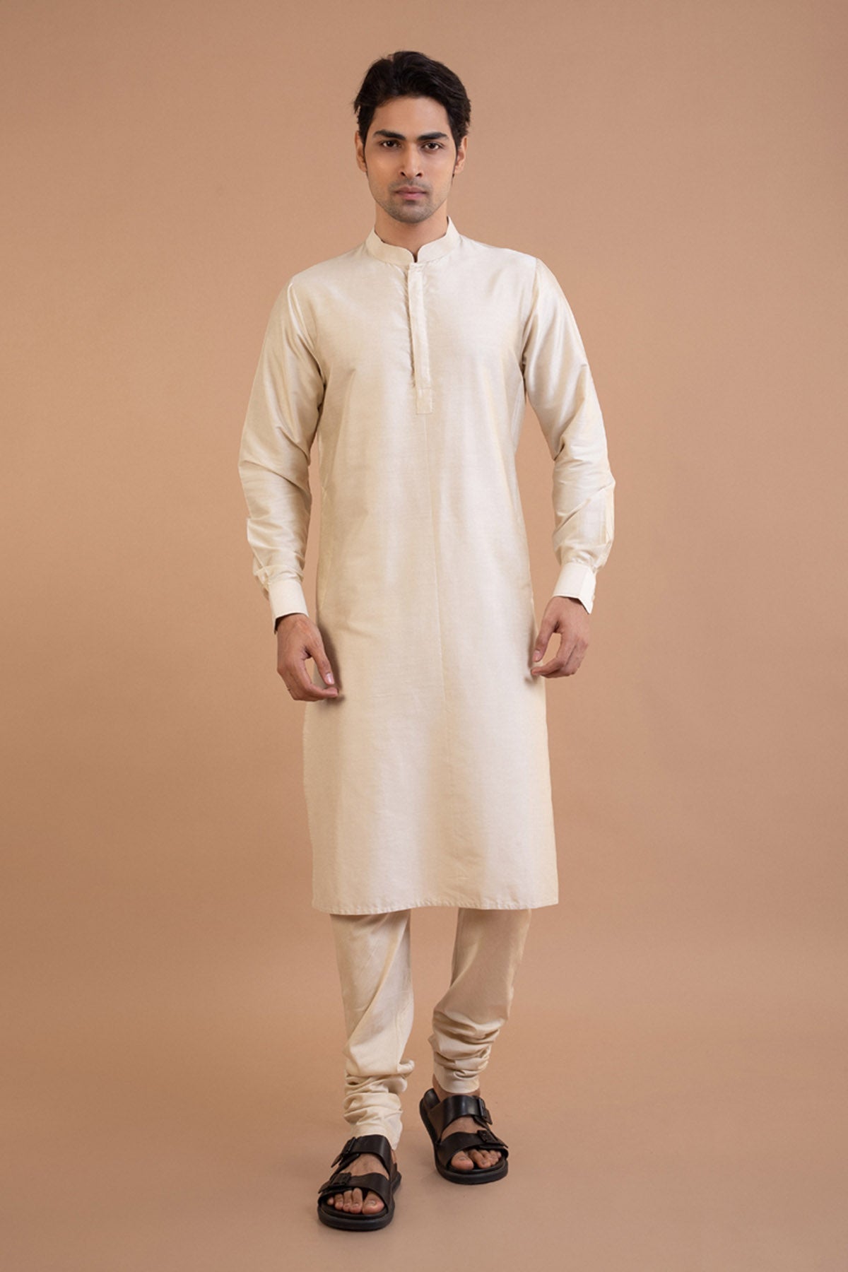Mandarin Collar Beige Kurta Set