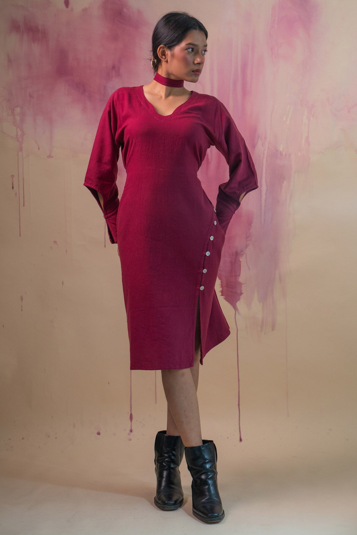 Maroon Asymmetric Cotton Dress