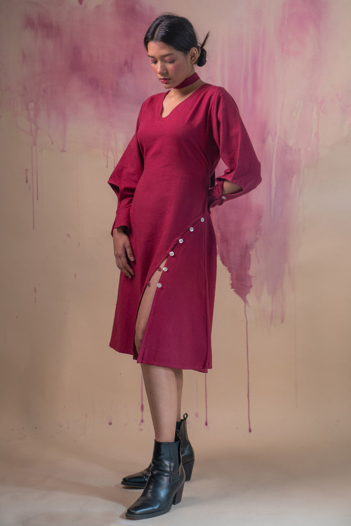 Maroon Asymmetric Cotton Dress