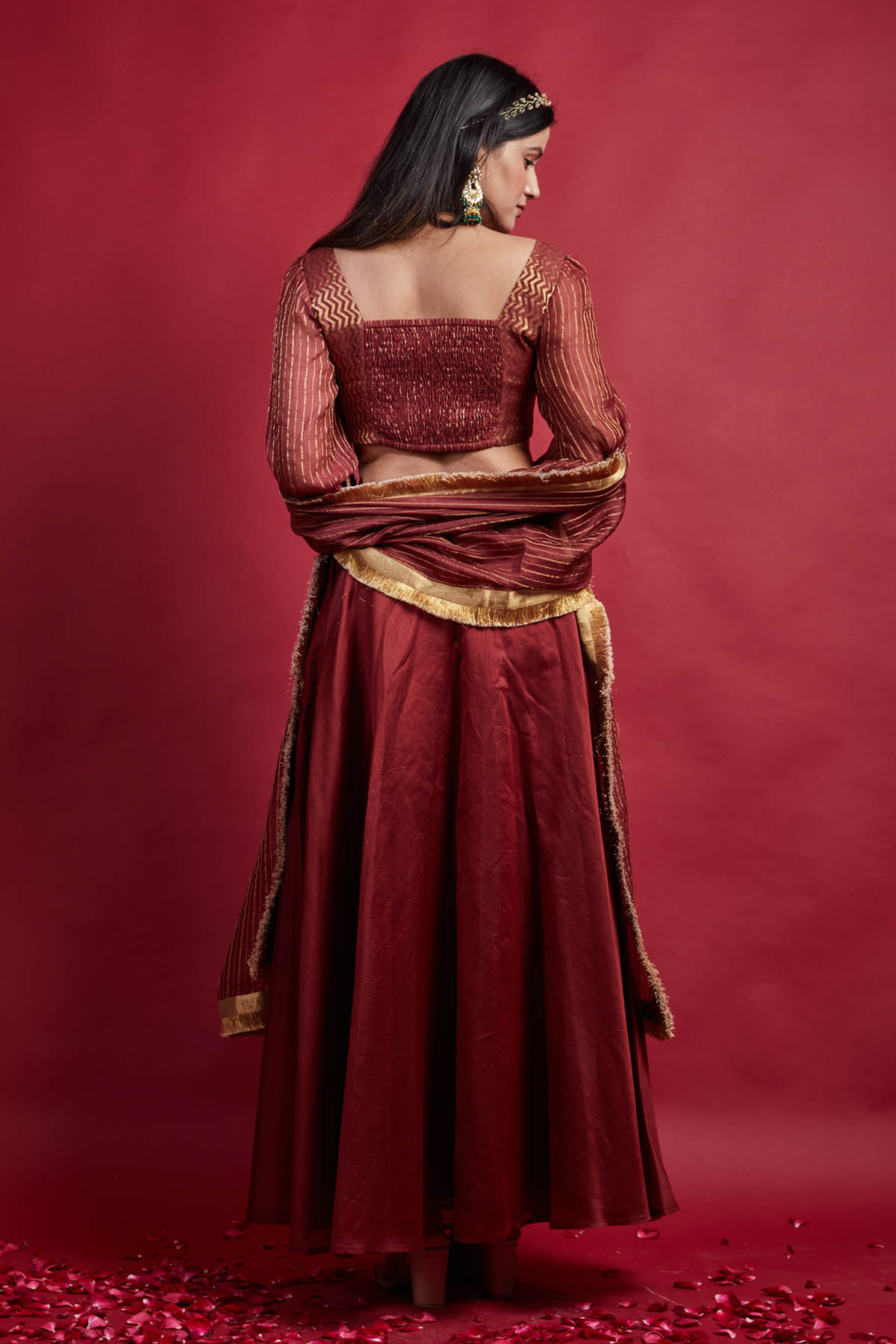Maroon Chanderi Zari Striped Lehenga Set